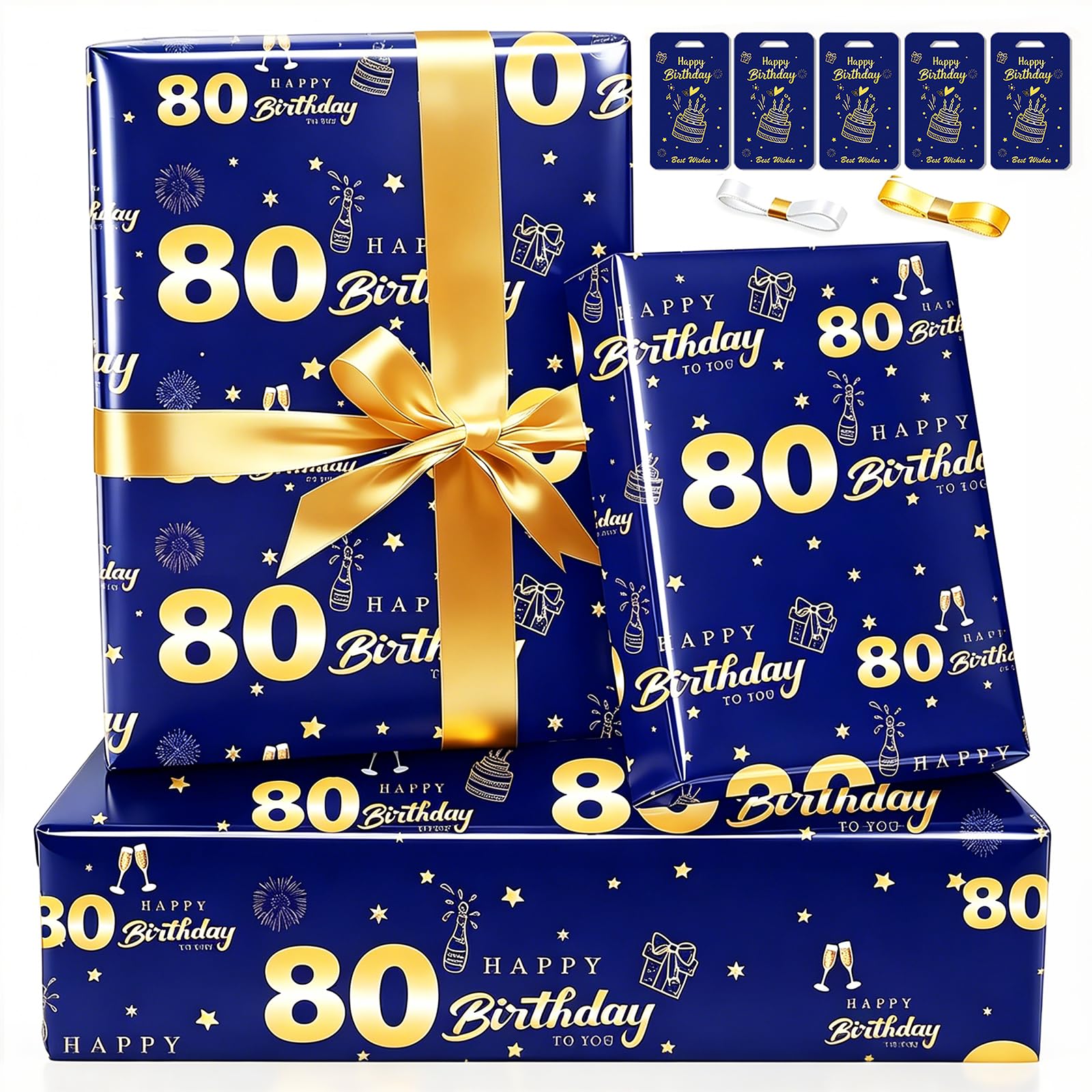 Gift Wrapping Paper 80th Birthday Wrapping Paper for Men Navy Blue Gold Gift Wrap Set with 70th Birthday Paper wrapping Ribbons Tags Matches Blue Happy Birthday Decorations for Dad Grandad Husband