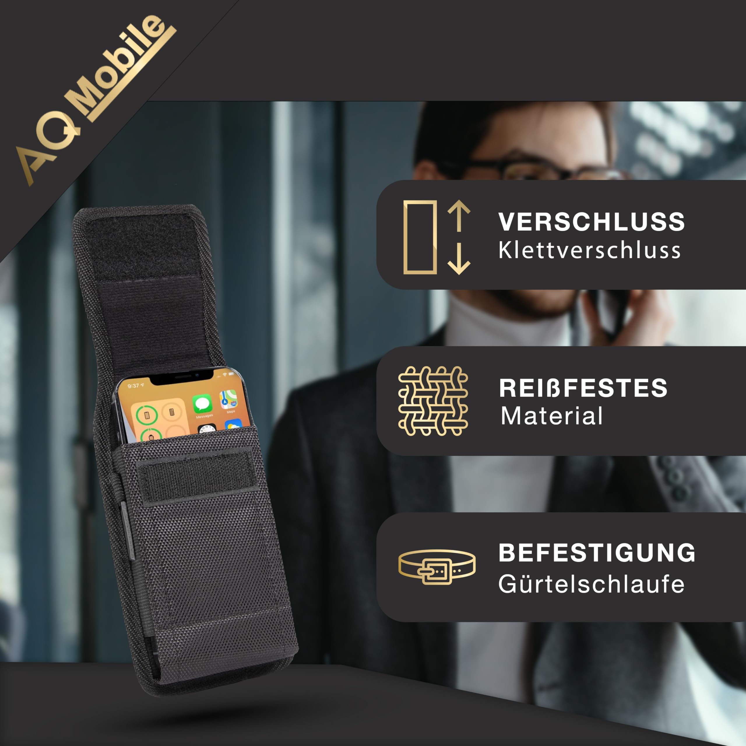 Vertikale Handy Gürteltasche für Smartphone, Größe XXL, Nylon Gürtelschlaufe Schwarz