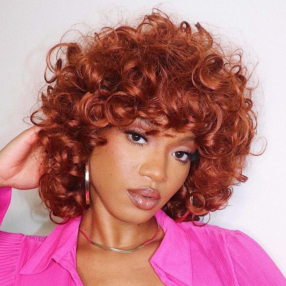andromeda Auburn Wigs for Black Women Soft Short Big Curly Wig with Bangs Afro Loose Cute Curly Heat Resistant Natural Looking Synthetic Wig for African American Women(350)