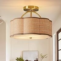 Vista 1 de 13" Rattan Semi Flush Mount Ceiling Light 3-Light Boho Mini Chandelier Ceiling Light Flush Mount for