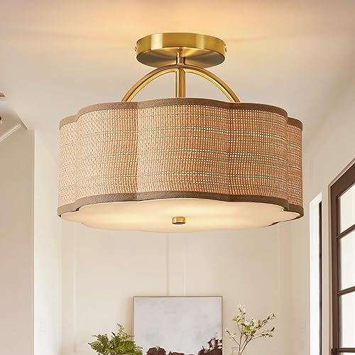 Lámpara de techo semiempotrada de ratán de 13 pulgadas, 3 luces, estilo bohemio, mini lámpara de techo para pasillo, entrada, cocina, baño,