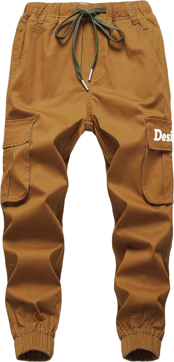 TLAENSON Boys Cargo Pants Cotton Casual Pants Drawstring Loose Jogging Bottoms Elastic Cuffed Cargo Joggers