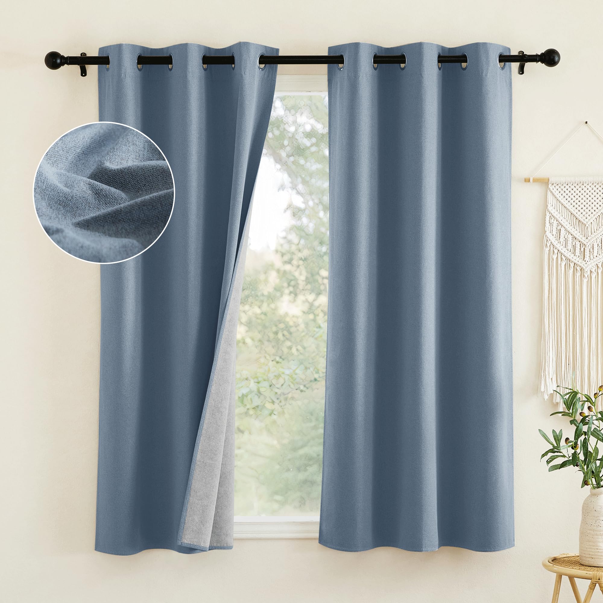 NICETOWN Stone Blue Full Shade Faux Linen Curtain Panels 63 inches Long, Pair of Energy Smart & Noise Blocking Out Blackout Drapes for Cupboard,