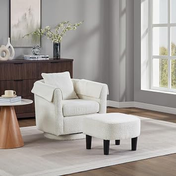 COMHOMA Swivel Accent Chair with Ottoman Set,Modern Chenille Barrel Armchair with Removable Back Pillow&2 Armrest Covers for Living Room,Bedroom,Office,White