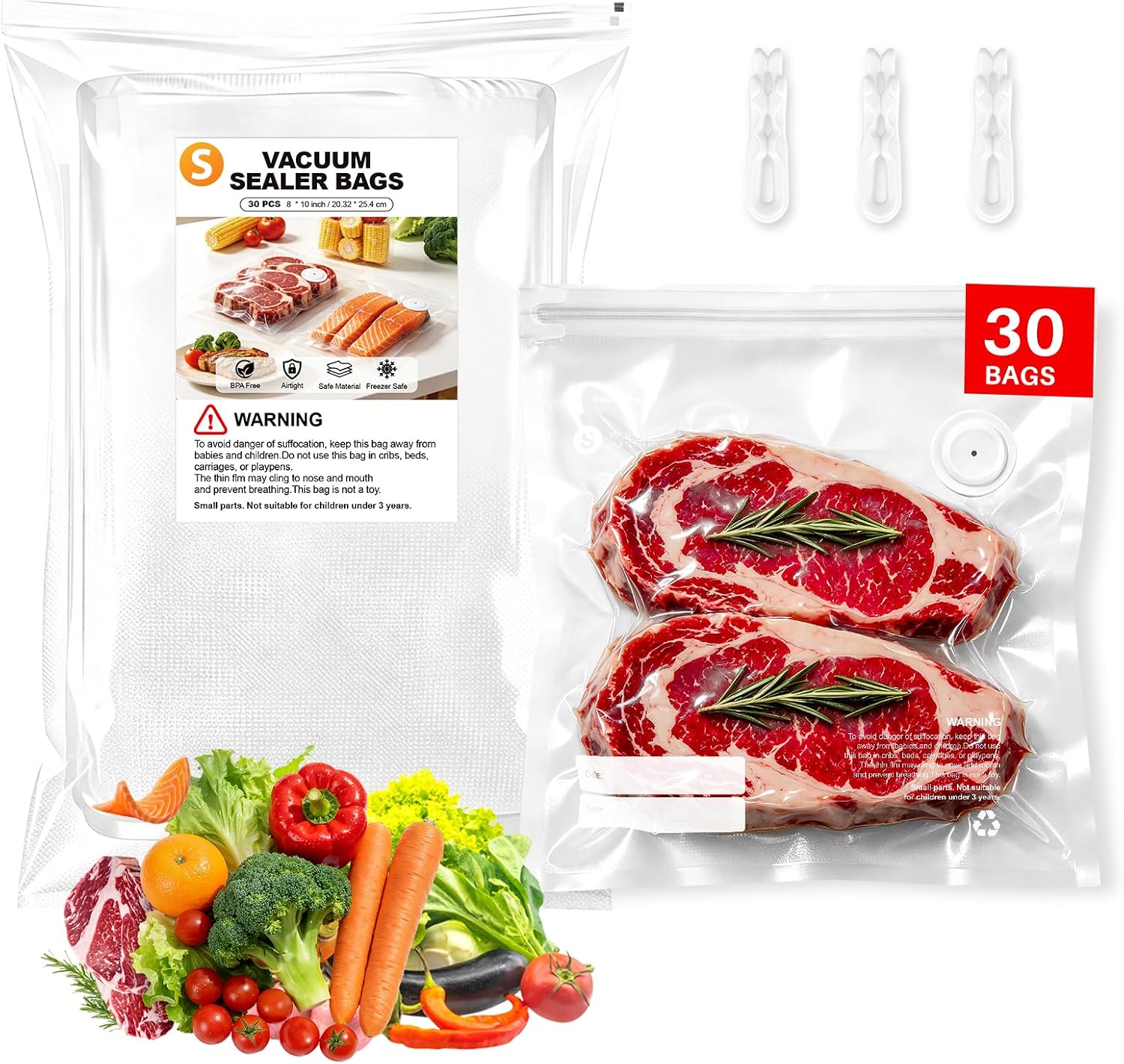 Reusable Vacuum Sealer Bags for Food, 30 BPA-Free Large (12 x 13 in) Bags