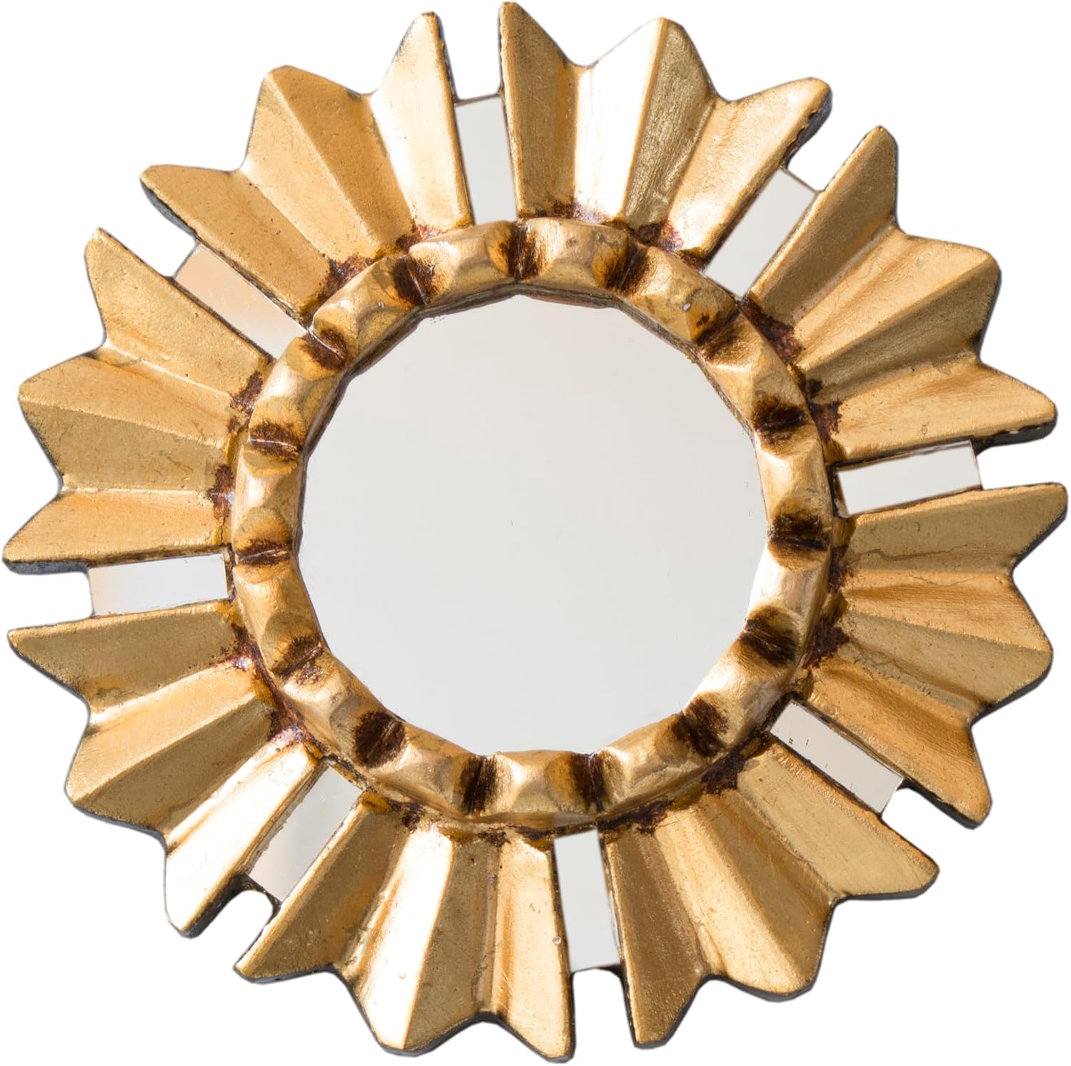 Small Round Wall Mirror with Bronze Leaf Frame 6in -Peruvian Sun Design - Handmade Wood Hanging Mirror Decor
