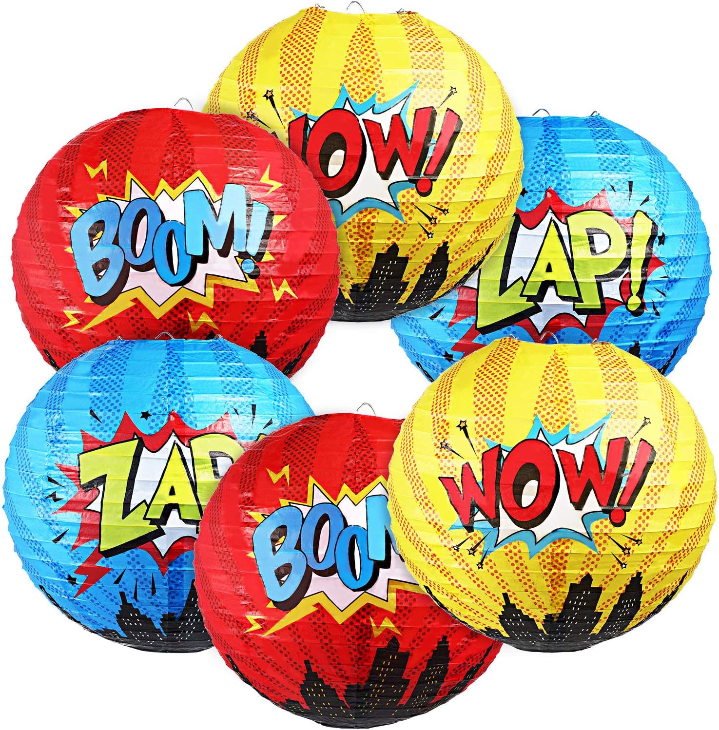 Blulu 6 Pcs Hero Themed Party Decorations Fun Hero Paper Lanterns Hanging Comic Wow Zap Boom Lanterns Birthday Party Favor for Kids Boys Adults Baby Shower Supplies