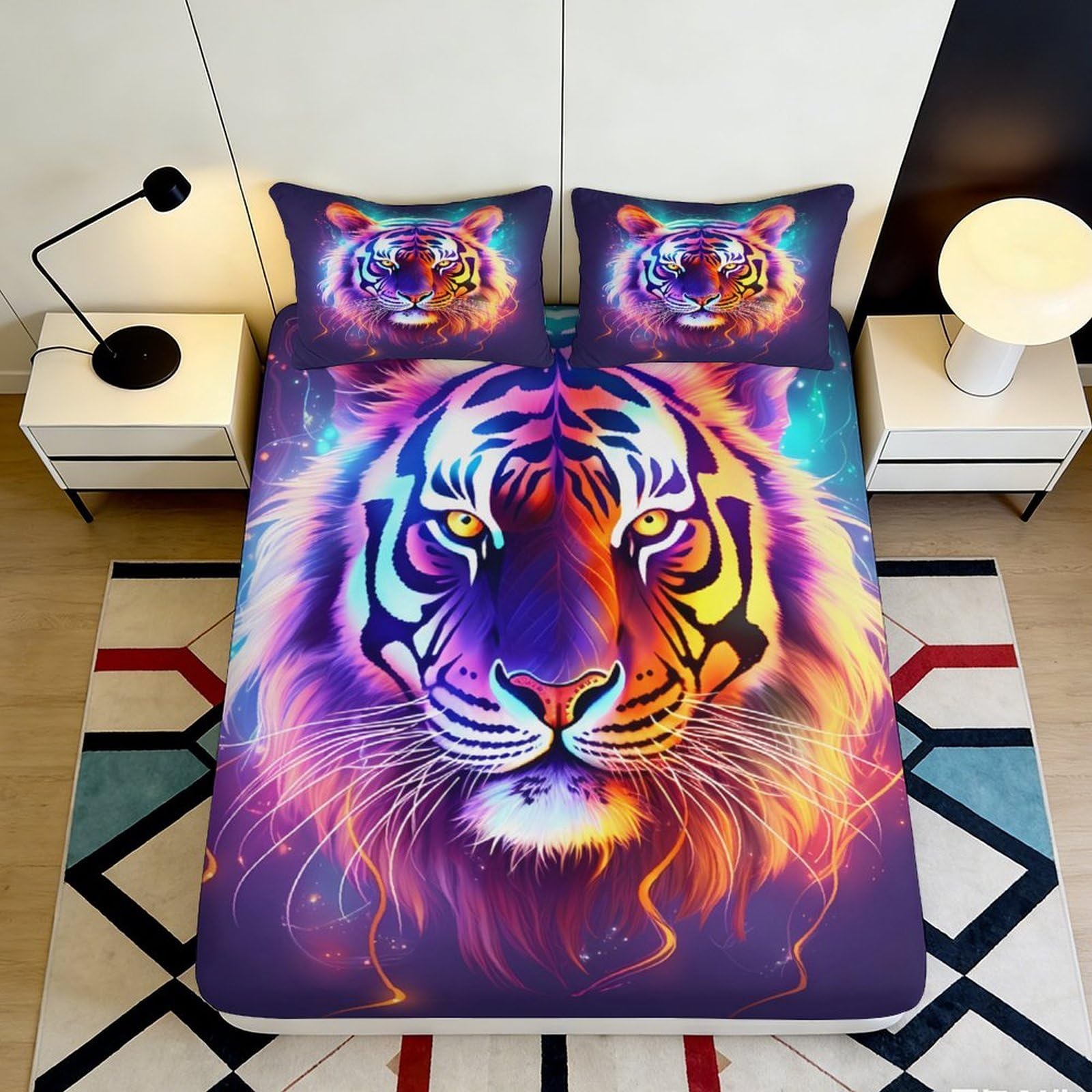 3D Printed Vibrant Tiger Fitted Sheet Microfiber Soft Deep Colourful Jungle Mattress Cover for Bedroom Dorm Decor 90x200x25cm