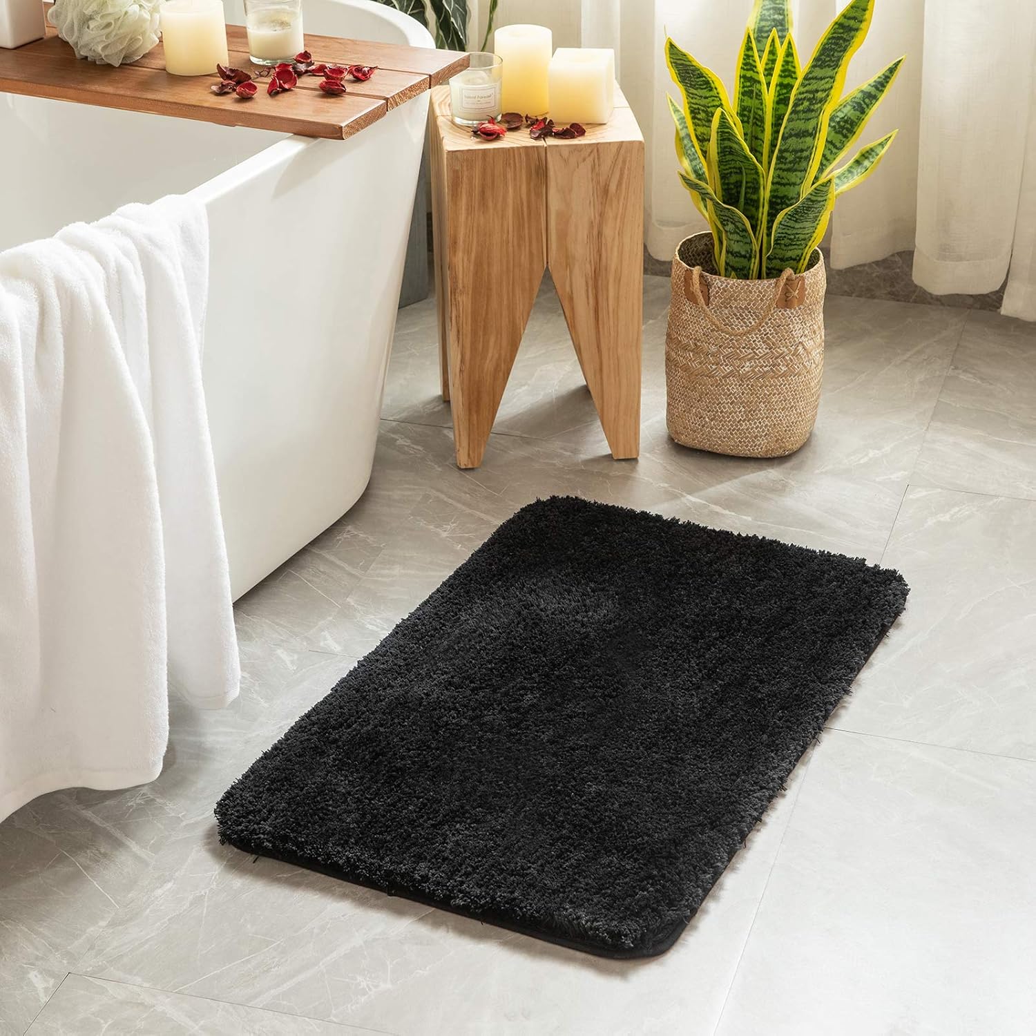 MIULEE Black Bathroom Rugs Set 2 Piece, Soft Absorbent Microfiber Bath Mat Set, Non Slip Quick Dry Machine Washable Plush Shaggy Bath Rugs for Bathroom Floor, Tub and Shower, 16x24 inches - Image 6