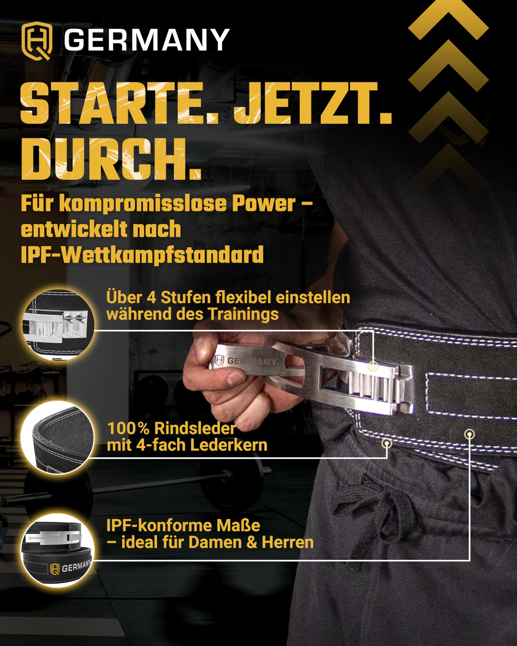 HQ Germany® Gewichthebergürtel S-XL [Echtleder] - Weightlifting Belt | 100% Rindsleder, doppelläufige Naht, veredelte Kanten, Edelstahl-Schnalle, verklebte Lederschichten, knarzfrei