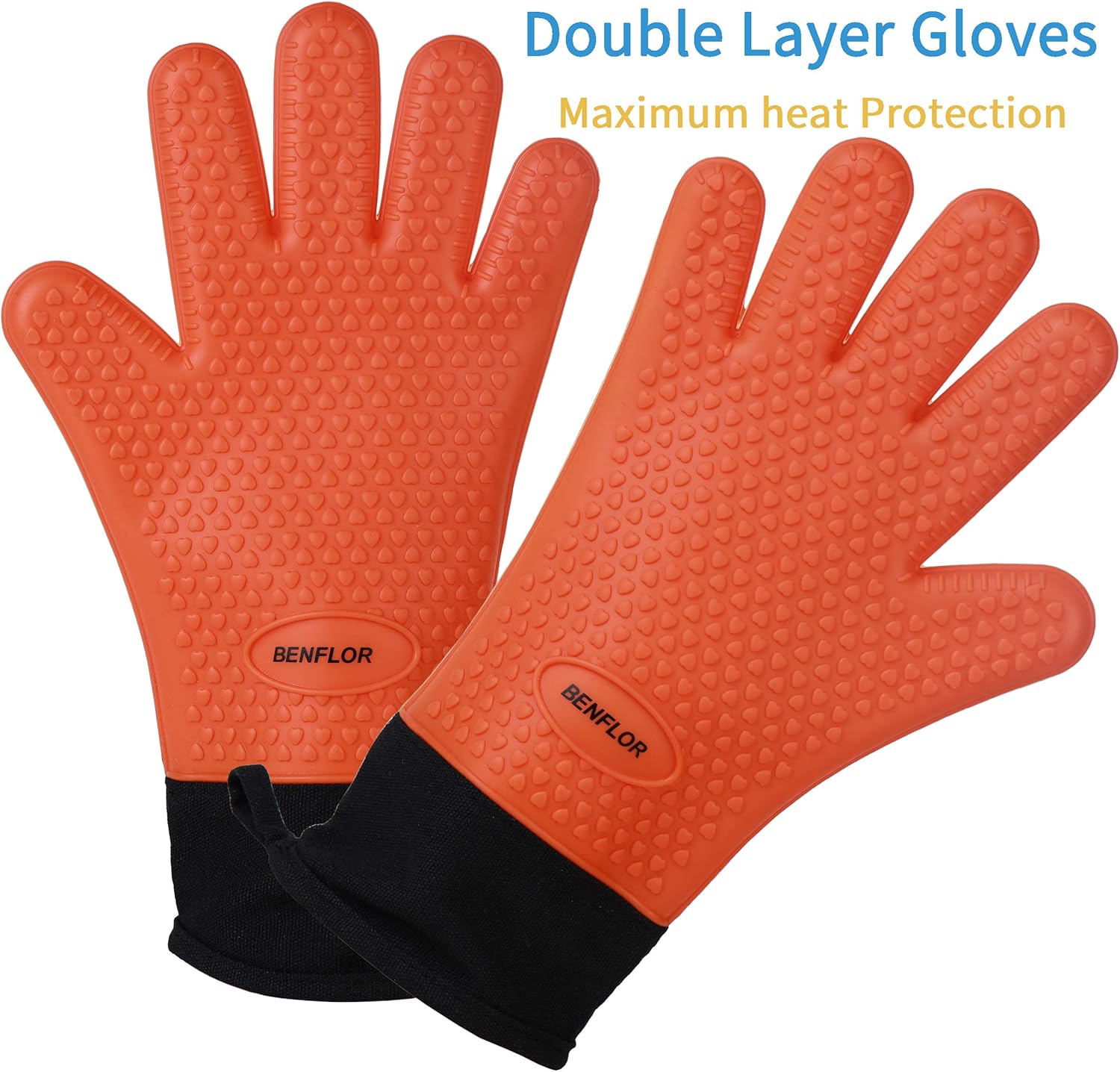 Rеvіеw Prоduсt Benflor Grilling Gloves, Double-layer Silicone Gloves with 3.1 Inch Extra Cuff, Cotton Oven Mitt Waterproof Non-Slip for Baking and Cooking, BBQ Heat Resistant Gloves for Grilling - Orange-1 Pair
