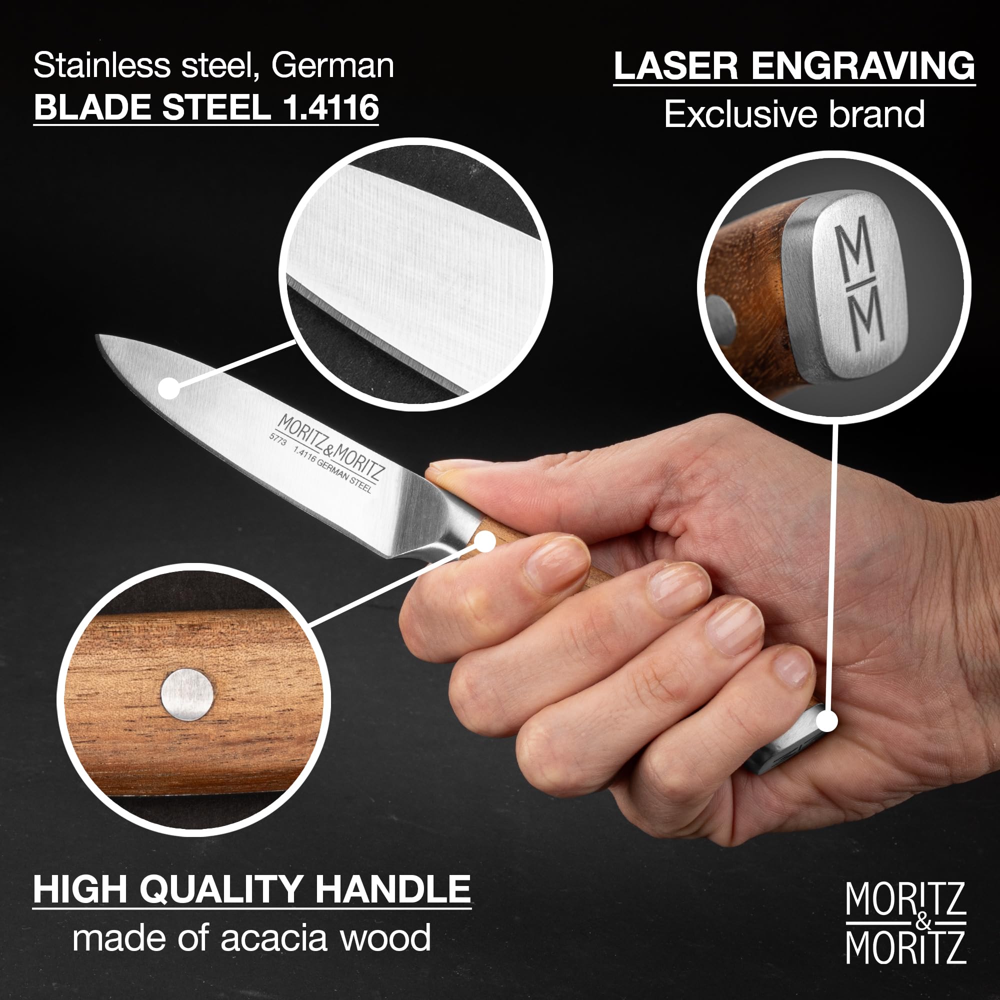 Moritz & Moritz nóż do obierania 9 cm - Mały nóż do owoców z ostrym ostrzem - Nóż do obierania do precyzyjnego cięcia - Ergonomiczna rękojeść z drewna akacjowego