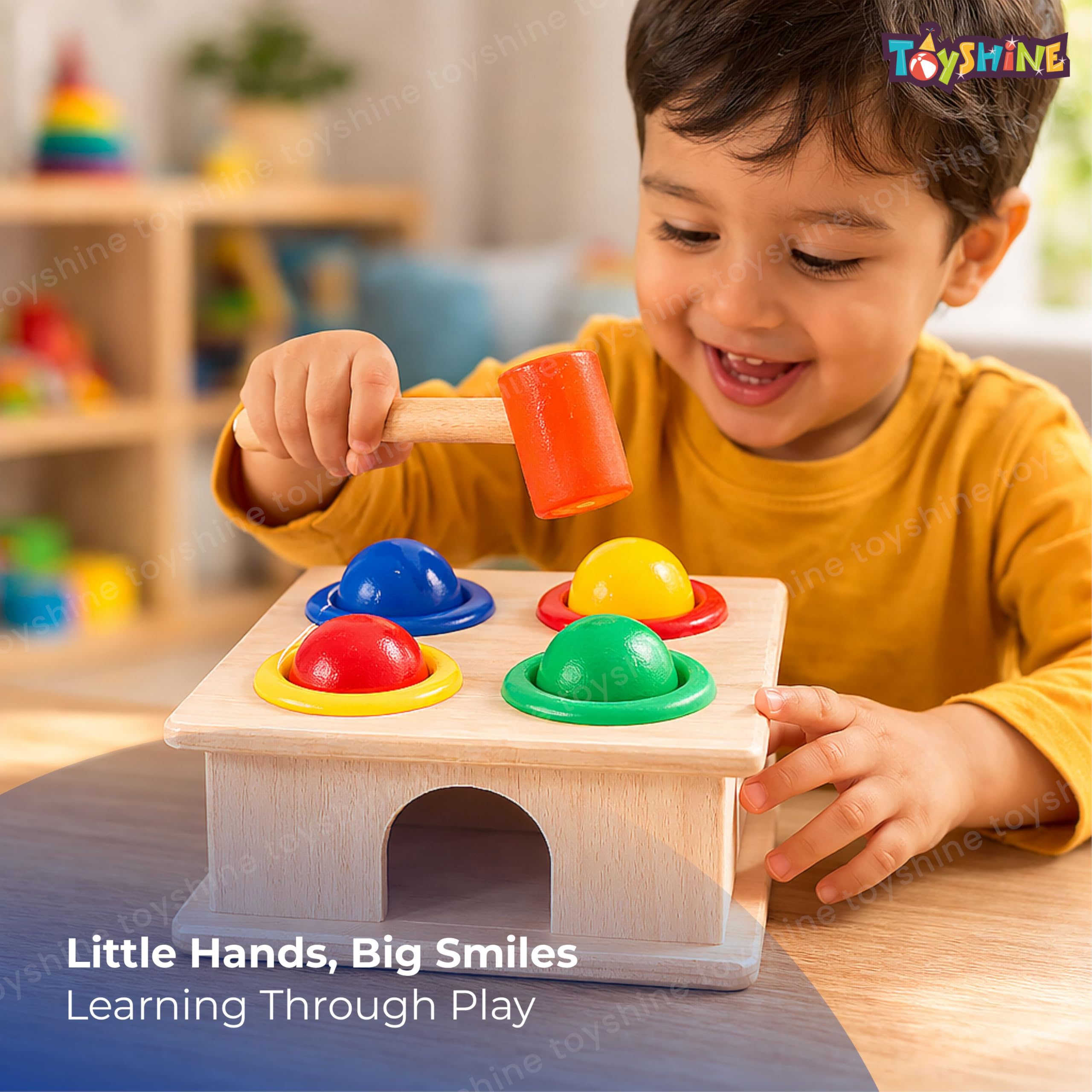 Toyshine Wooden Ball Hammer Pound Shape Sorter Toy for Toddlers 4 Balls 1 Hammer Toy Montessori Toys for Baby Boys & Girls Interactive Learning fine Motor Skills Toy 2