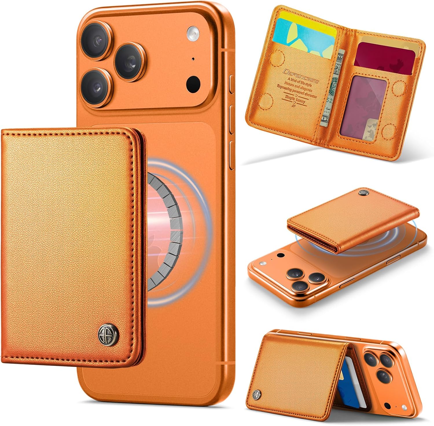 Defencase for Magsafe Wallet Magnetic Card Holder RFID Blocking, PU Leather Minimalist Phone Wallet for MagSafe Phones and Cases for iPhone 17/16/ 15/14/ 13/12/ Pro/Max/Plus/Air, Orange