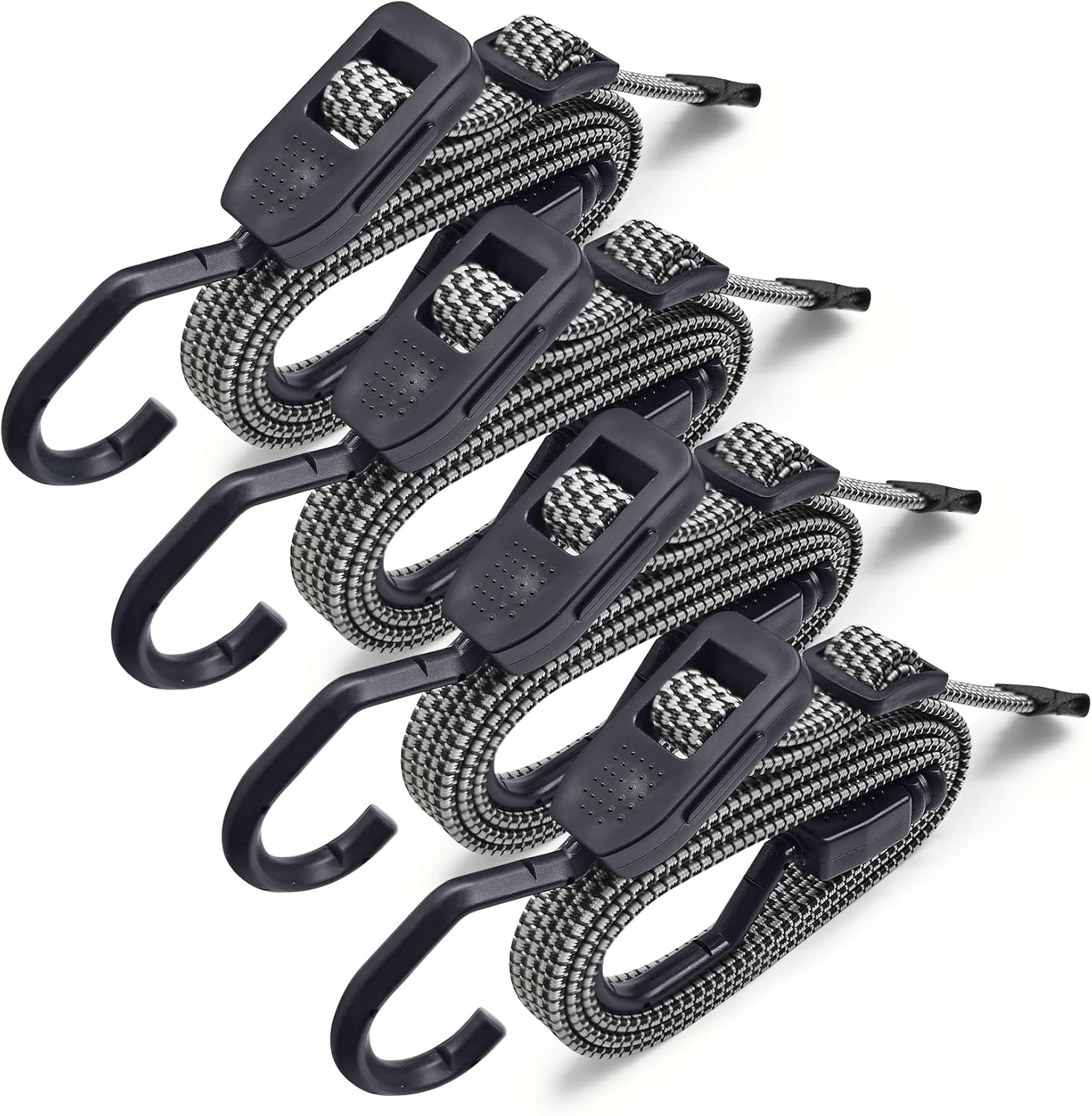 4 Pack 48 Inch Flat Bungee Cords with Hooks, Heavy Duty Adjustable Black Bungee Straps with Metal Buckle Hooks, Rubber Bungee Cords for Outdoor, Camping, Tarps, Tent, Bike Rack, Truck
