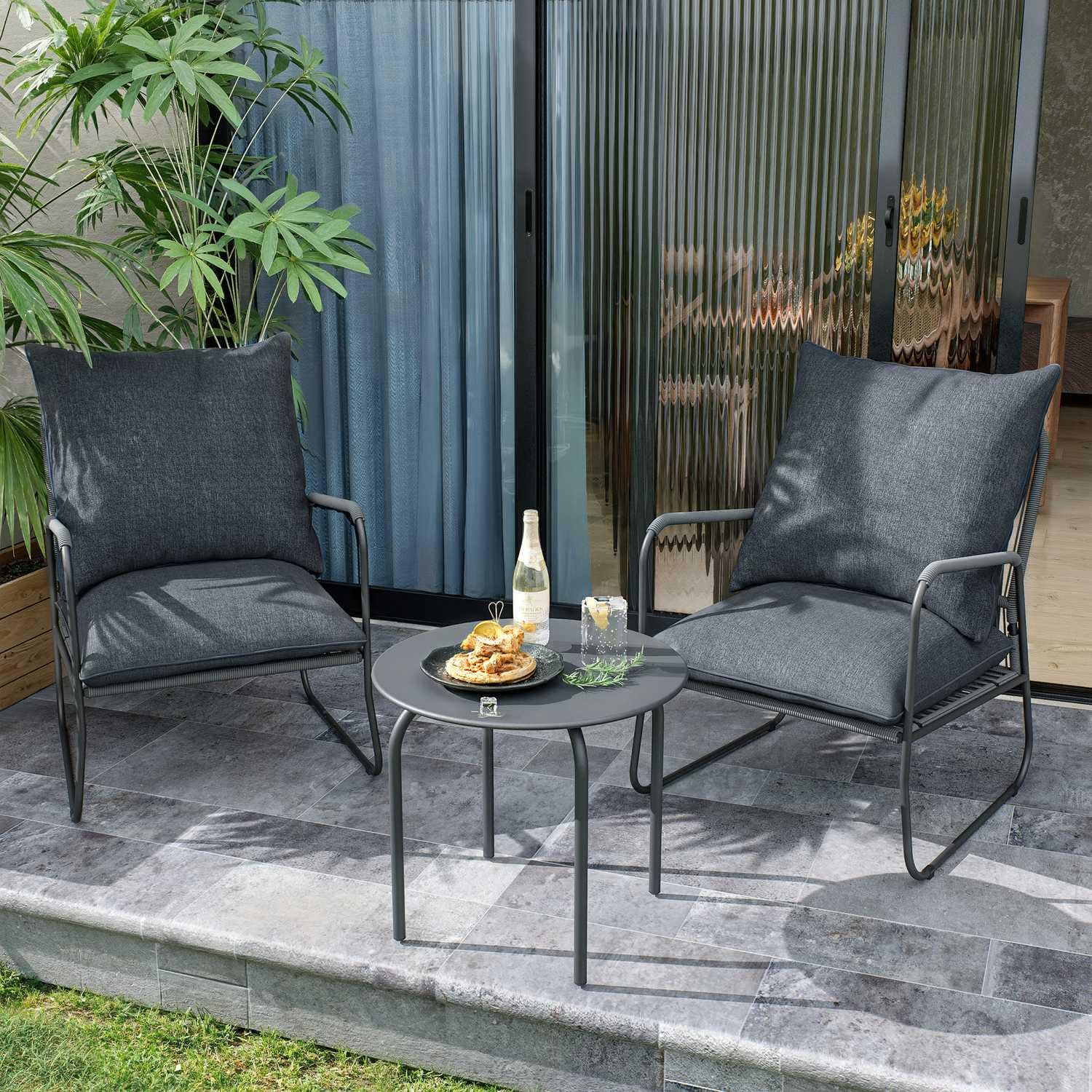 RTDTD 3 Piece Patio Furniture Set, All-Weather Outdoor Conversation Bistro Set, Hand-Woven Rattan Patio Chairs with Cushioned Armchairs and Rust-Proof Metal Side Table for Backyard Balcony Porch,Grey