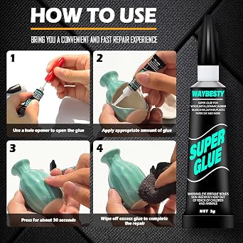 Super Glue Gel, All-Purpose Superglue Strong Adhesive Clear Glue for Wood,Rubber,Leather, Hard Plastic, Metal, Shoe, Repair Super Glue with Hole Opener 12PCS