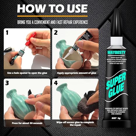 Super Glue Gel, All-Purpose Superglue Strong Adhesive Clear Glue for Wood,Rubber,Leather, Hard Plastic, Metal, Shoe, Repair Super Glue with Hole Opener 12PCS