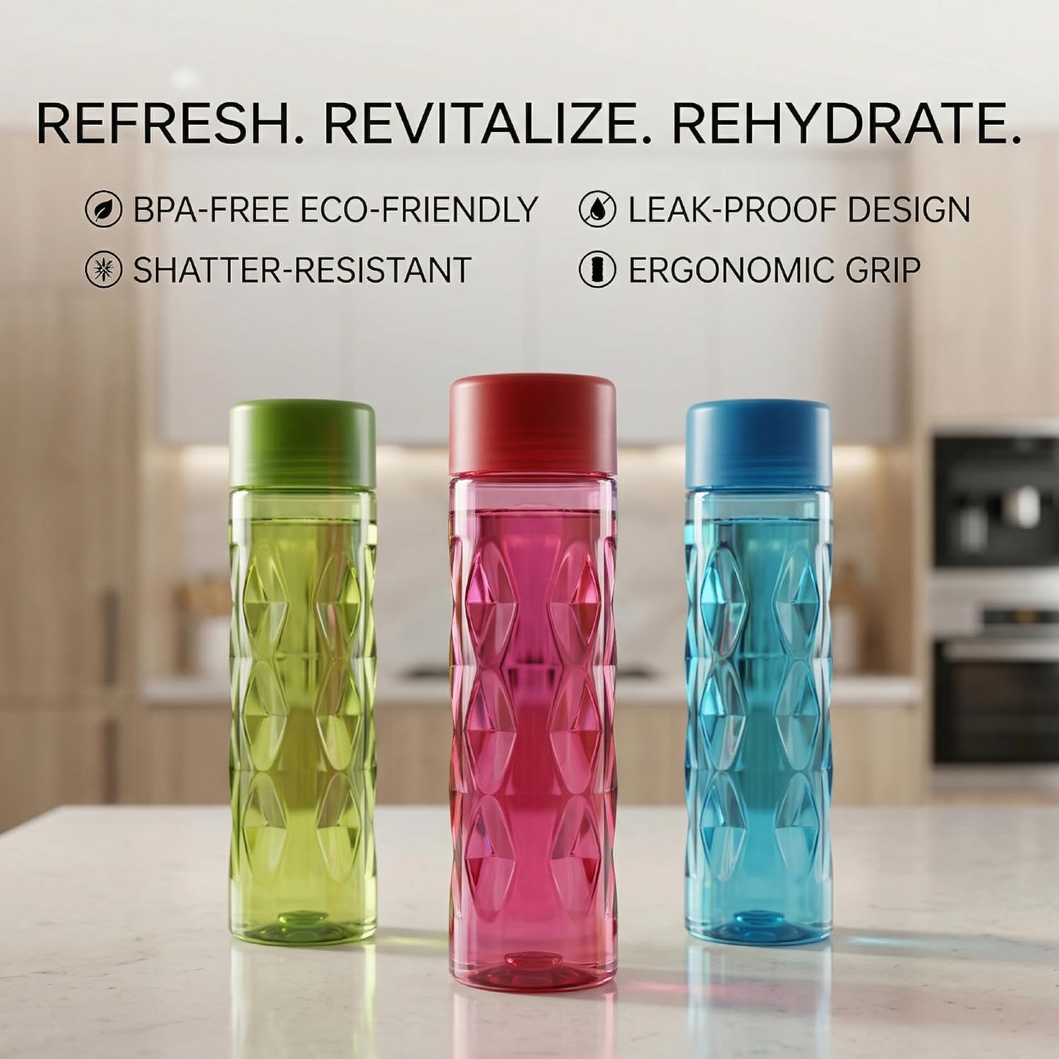 Plastic Water Bottles Set of 3 | 1 Litre Fridge Bottle Pack | Bubble Design, Leak-Resistant, Lightweight & Durable Water Bottle for School, Office, Home, Gym – 1000 ml Each