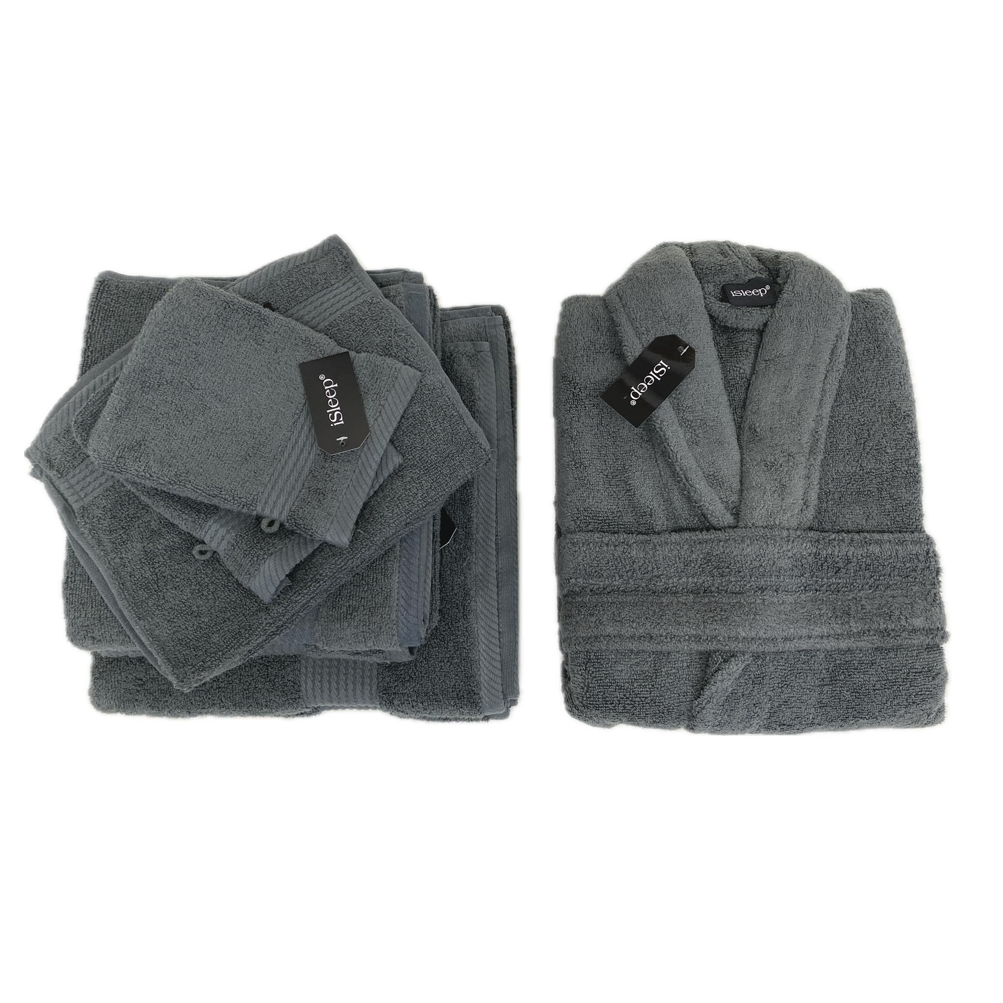 iSleep Set di 9 Asciugamani, 2 Guanti, 2 Teli da Bagno, 1 Accappatoio (Antracite, Extra Large), iSleep-Set9Bath