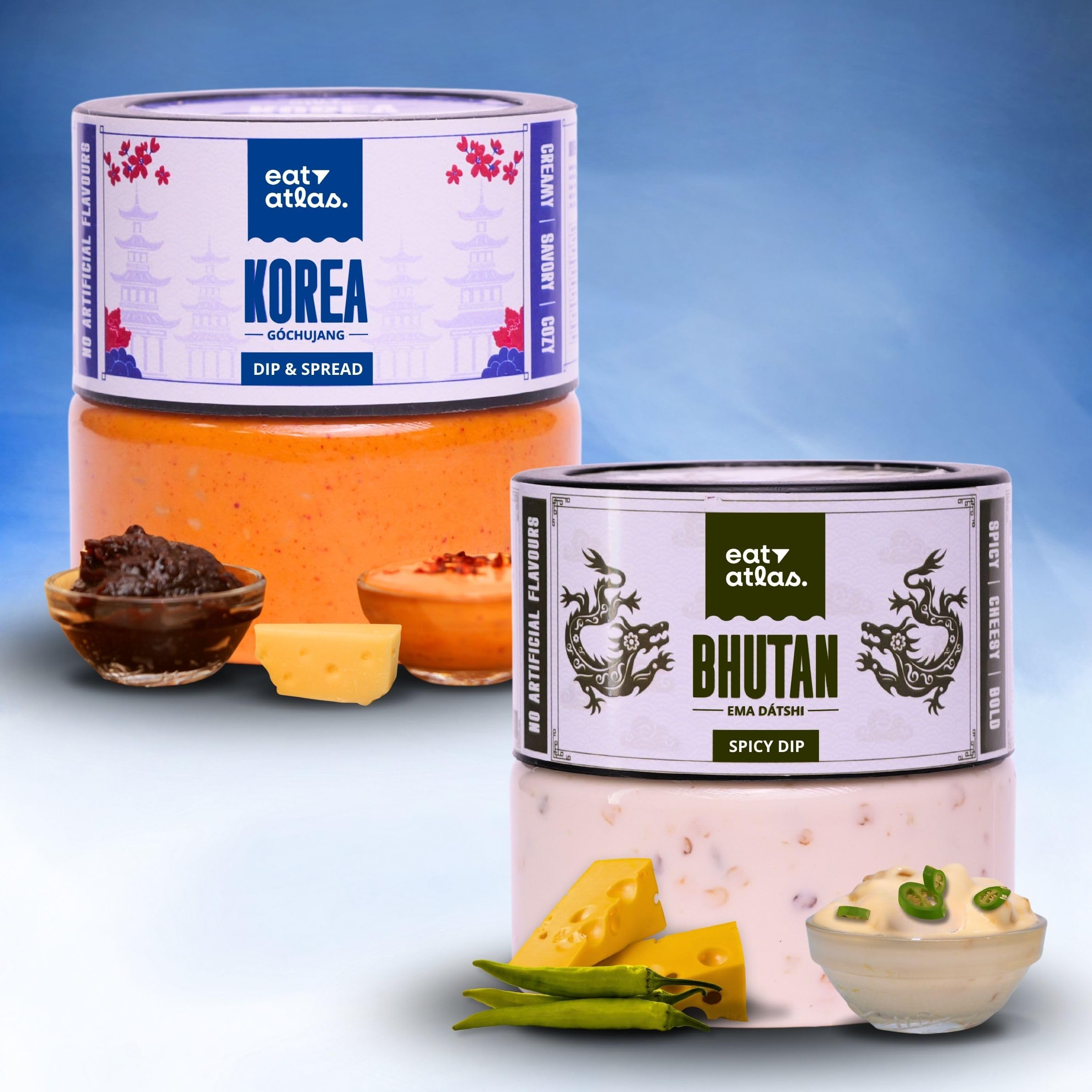 Eat Atlas Bhutan Spicy & Korean Cheesy Dip Combo | Authentic Spicy Bhutanese Ema Datshi & Korean Gochujang | Ready-to-eat (Pack of 2) (200 gms each)-image-9