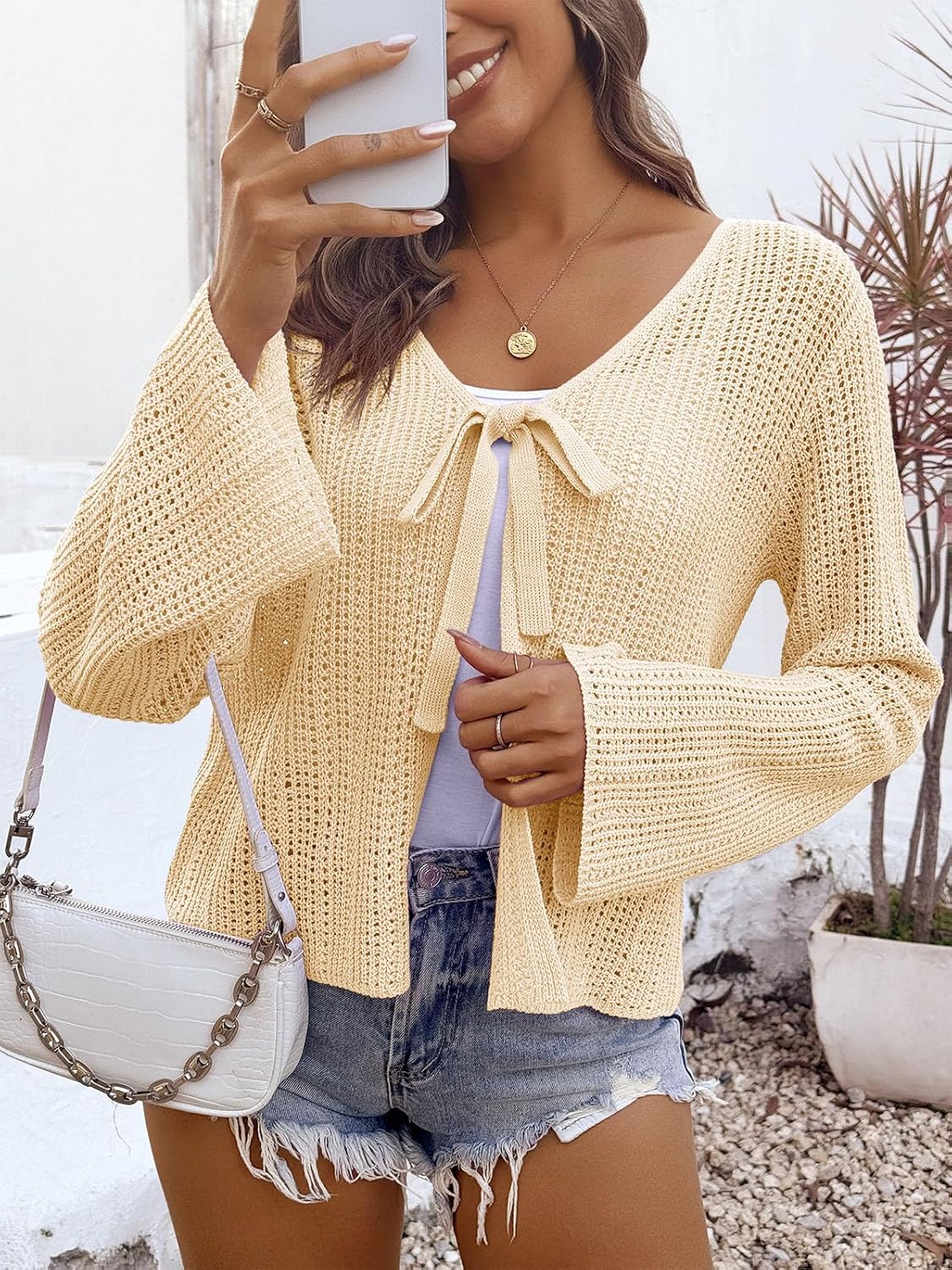 Saodimallsu Womens Summer Crochet Lightweight Cardigans Tie Front Mesh Knit Long Sleeve Casual V Neck Beach Cover Ups - Image 2