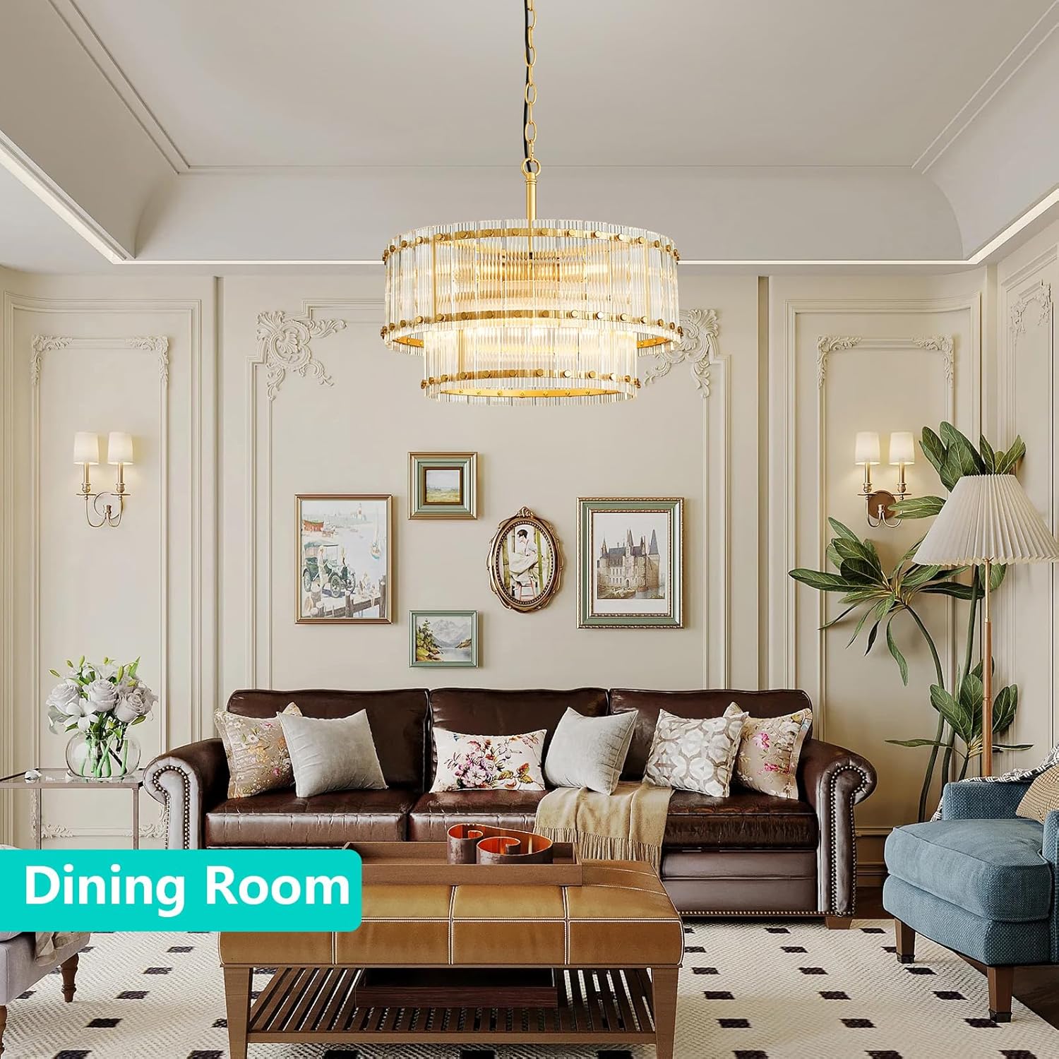 Ripple Glass Drum Chandelier, 2-Tier Gold Pendant Light, Adjustable Height Modern Ceiling Light Fixture for Dining Room Kitchen Entryway Bedroom Foyer, 6-Light E12, D18 * H19.2~49inch