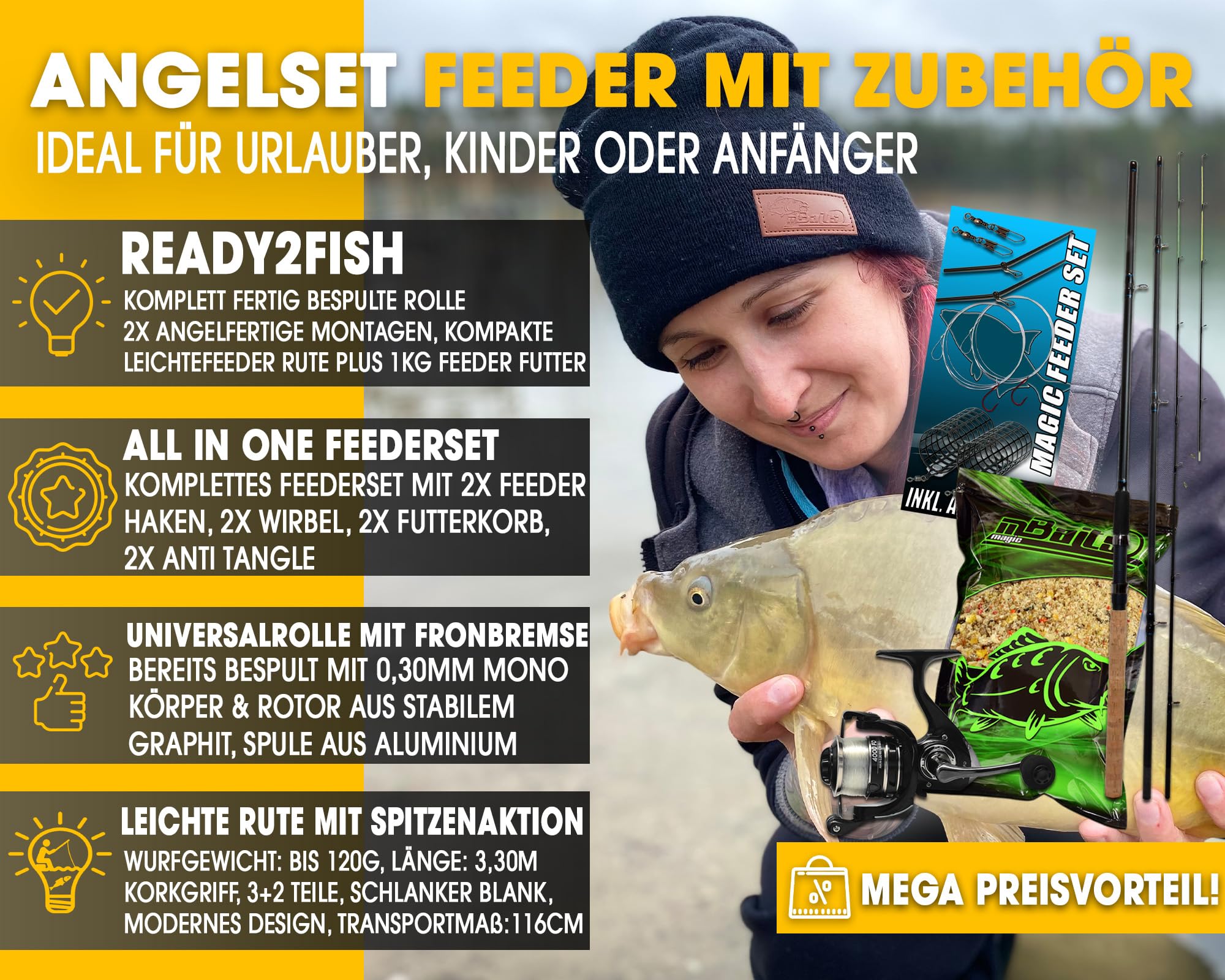 Angel Berger Feeder Angelset mit Feederrute, Rolle und Zubehör | Futterkorb, Angelrute