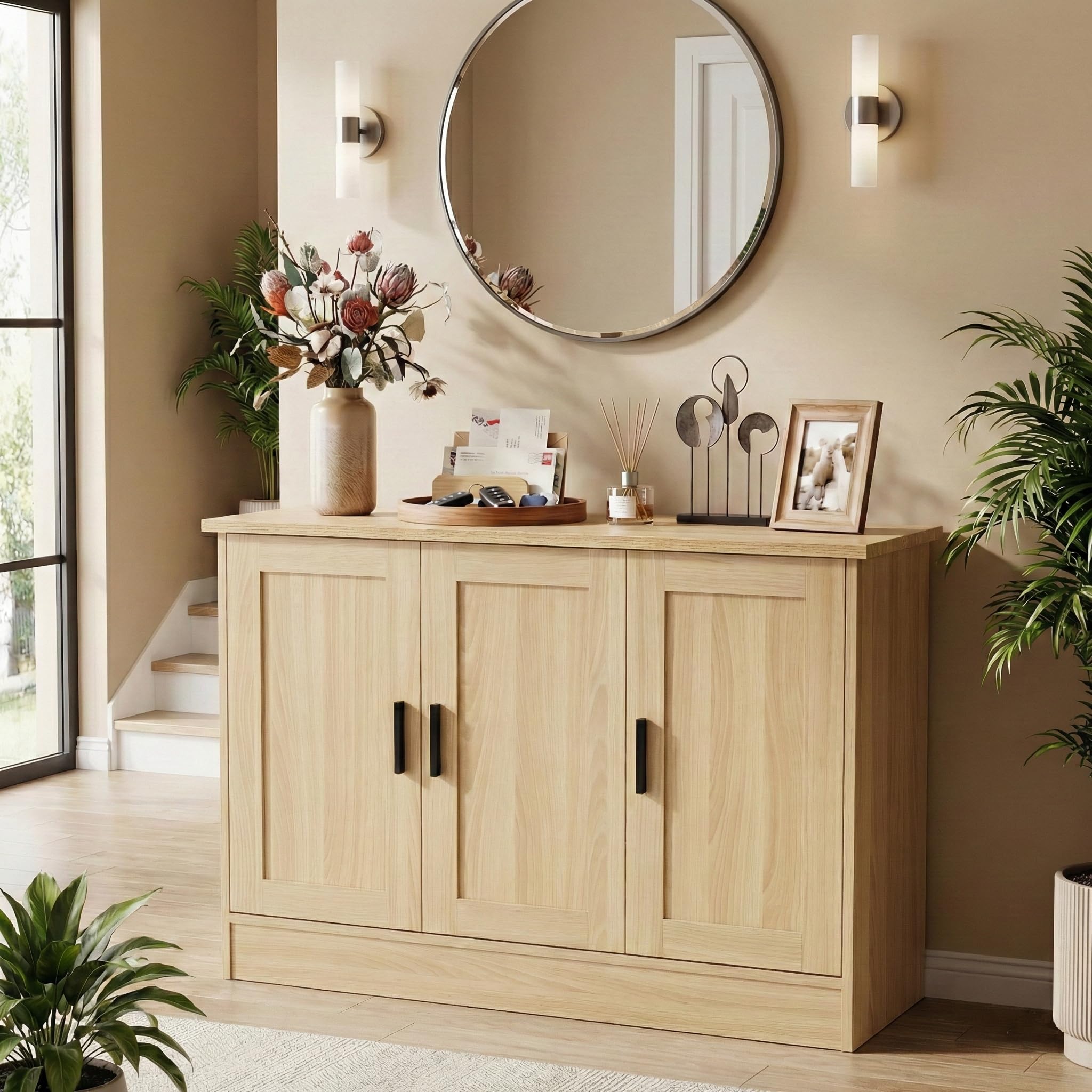 Anystyle 43" Oak Buffet Cabinet with Black Handles, Small Kitchen Sideboard with 3 Doors & Adjustable Shelves, Modern Entryway Credenza & TV Console Table for Living Room, Dining Room