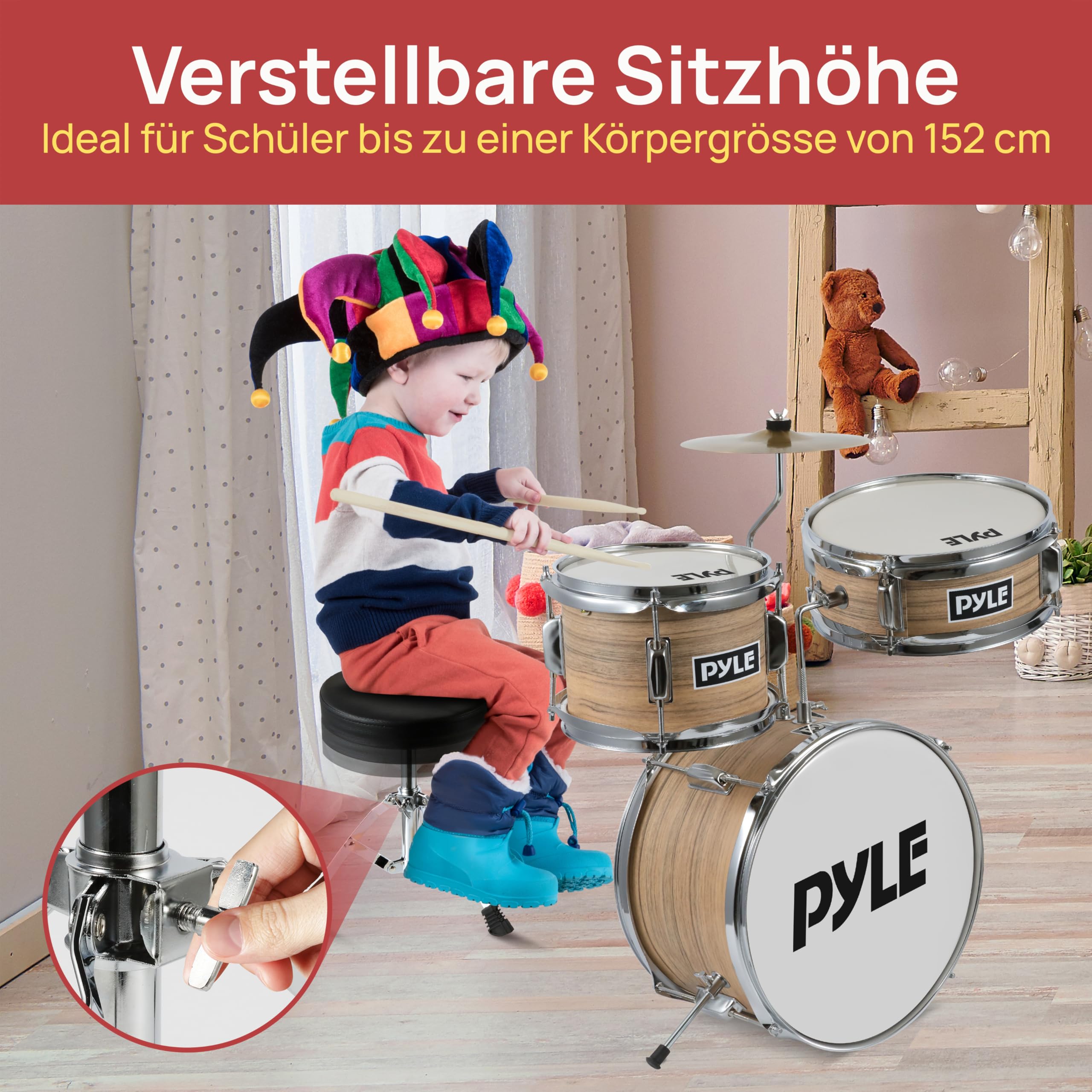 Pyle Kinder Schlagzeug Set – 5-teiliges Drum Kit mit Hocker & Basspedal | Für Kinder 3–12 Jahre, inkl. Bass Drum, Snare Drum, Drumsticks, Dämpfer & Zubehör – Einsteiger Percussion Set