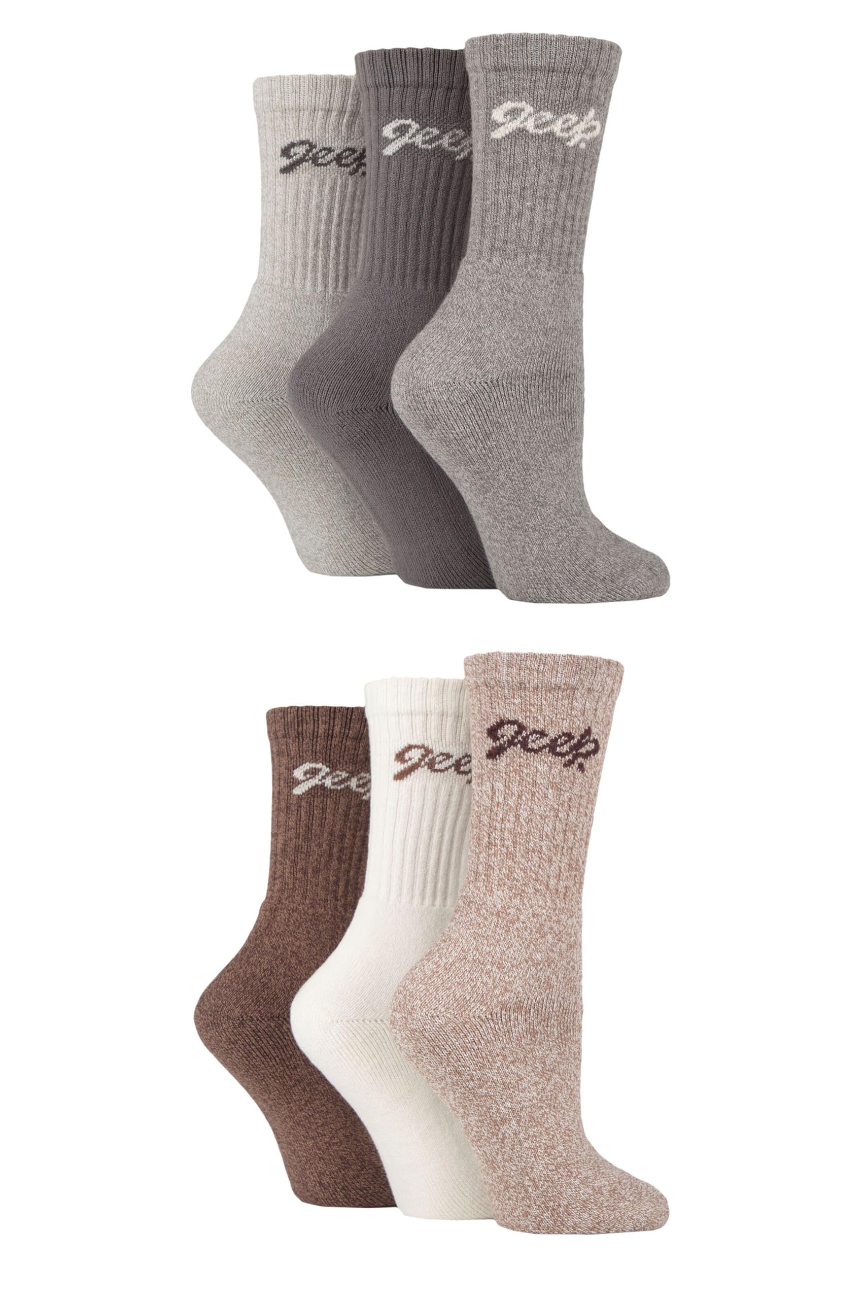 Jeep Ladies Cotton Boot Socks - Cushioned foot with Ribbed Leg, Plain, Breathable for Walking, Hiking and Outdoors Size 4-8 6 Pair Multipack Slate Tan
