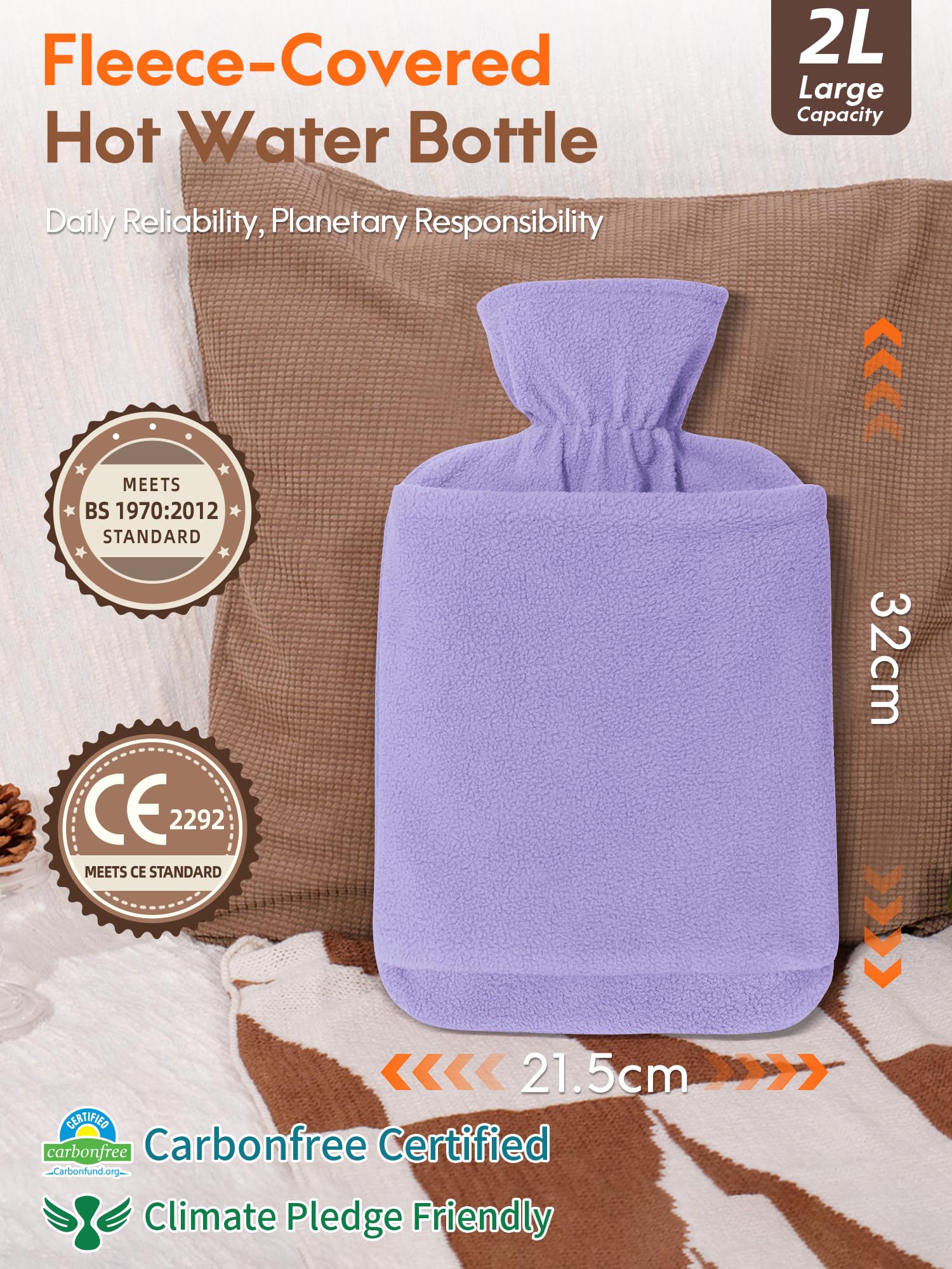 Bolsa de Agua Caliente con Funda Polar - Botella de Agua Caliente Grande de 2L Anti Fuga - Bolsa de Agua Caliente Suave con Funda de Canguro (Morado)