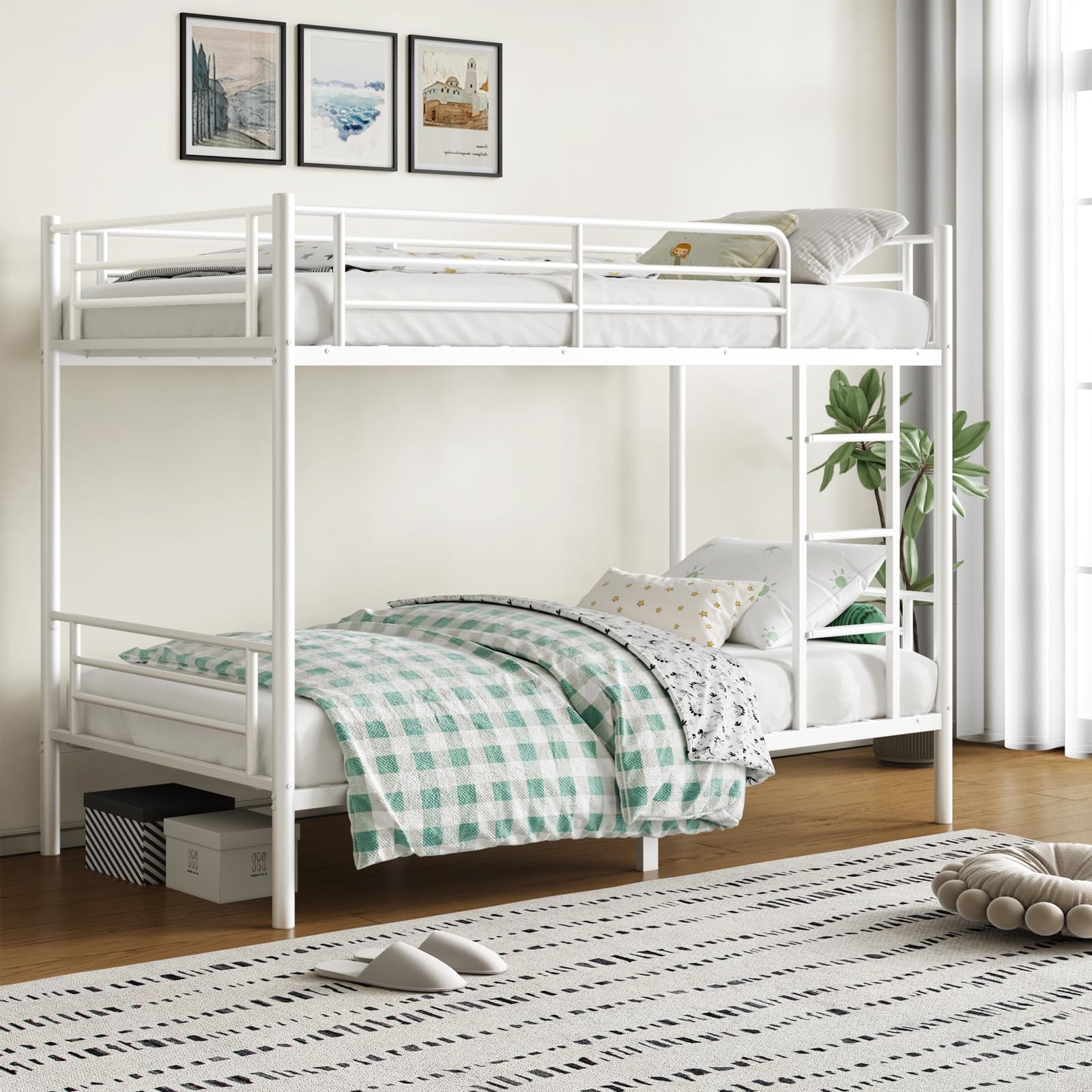 Bunk Bed,Twin Over Twin Bunk Beds for Kids Teens Adults,Heavy Duty Metal Slats Bed Frame with Ladders and Guardrail,400 lbs Capacity,No Spring Box Required,White(images similar )(incomplete)
