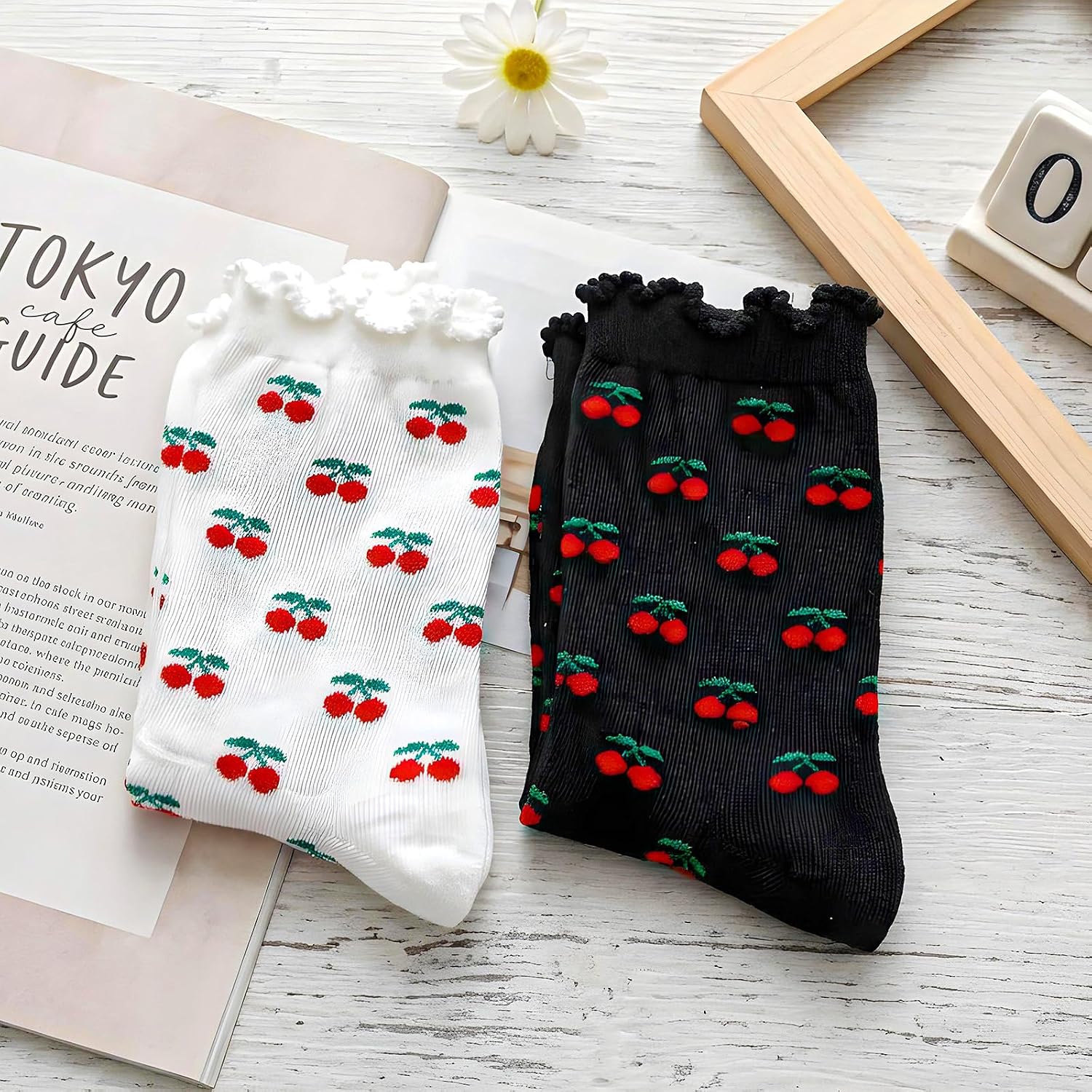 2 Pairs White Frilly Sock Cherry Socks | Black Crew Ruffle Sock with Bows Cute Socks for Women Girls