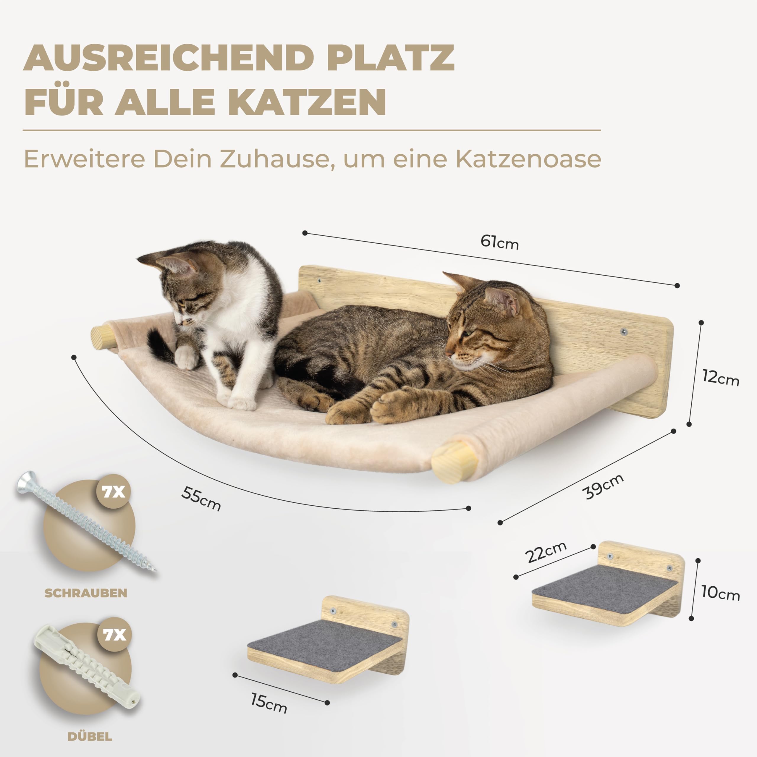 WOOWOOD® Pared de escalada para gatos – 2X Escaleras de pared para gatos [Madera maciza] – Rascador para pared – Hamaca para gatos – Rascador de pared – Muebles para gatos – Pared para gatos – Set de