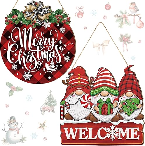 Thyle 2 letreros de bienvenida de Navidad para puerta delantera, gnomo de madera, decoraciones de Navidad para interiores y exteriores, hogar,