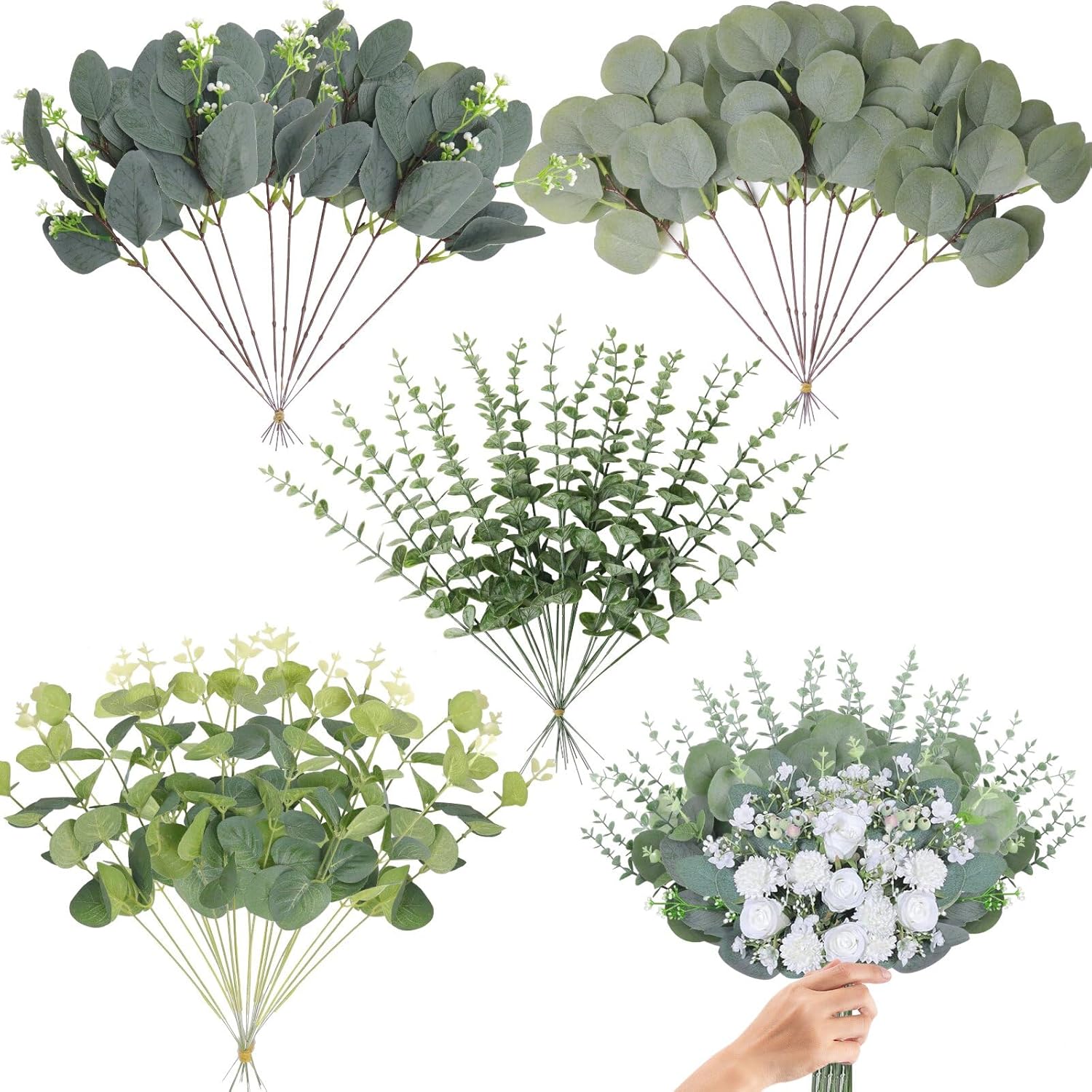 100 Pcs 4 Kinds Mixed Eucalyptus Stems Bulk, Artificial Silver Dollar Eucalyptus Leaves Bundle Faux Greenery Branches for Wedding Centerpiece Vase Bouquet Floral Arrangement Home Decor