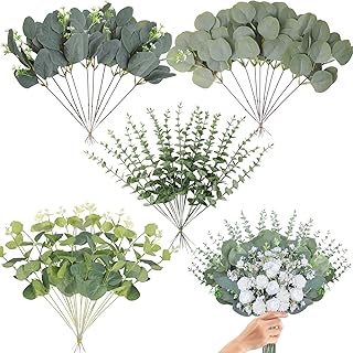 Eucalyptus Stems Bulk 60 Pcs, 4 Kinds Mixed Artificial Silver Dollar Euc...