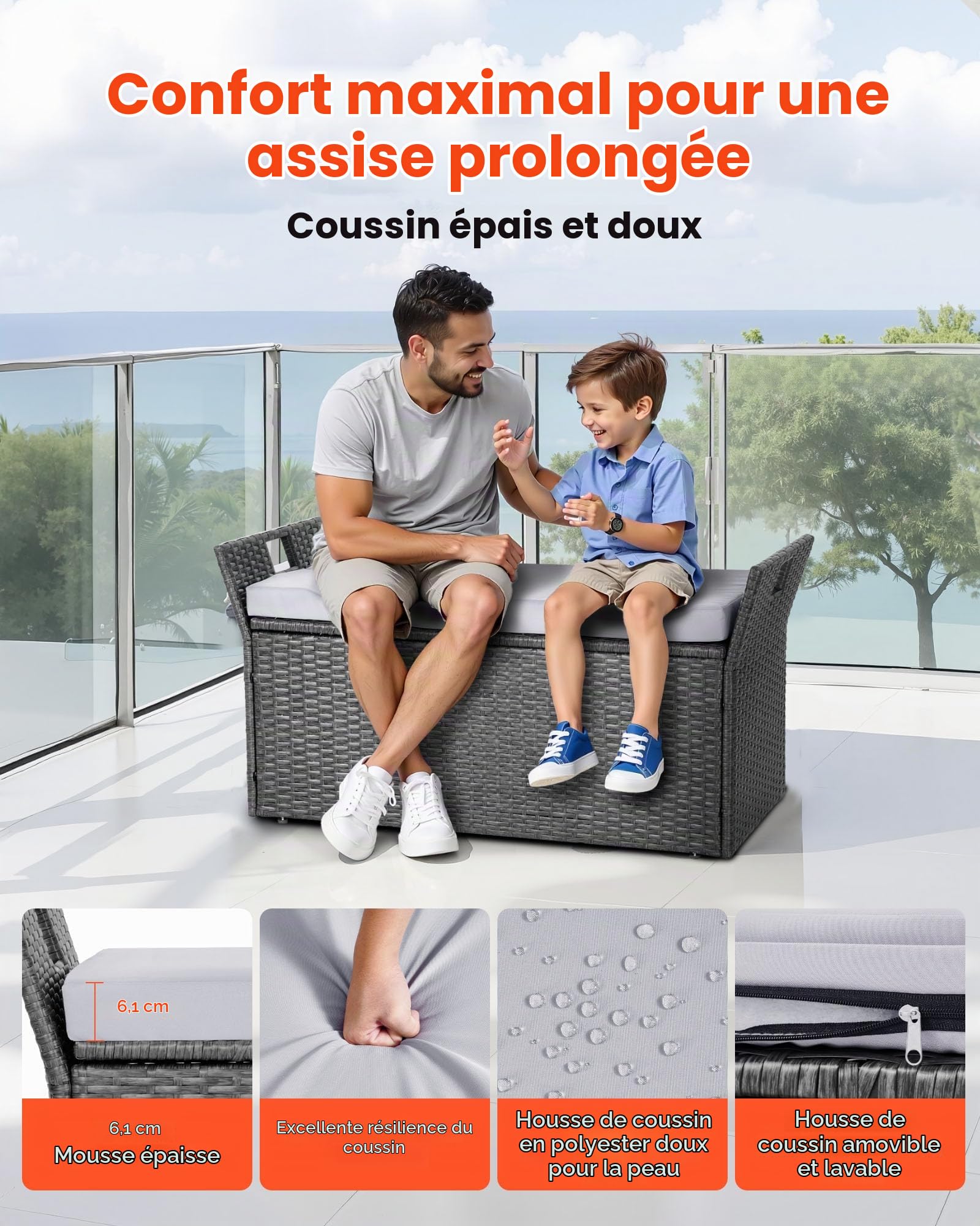 VEVOR Banc de Rangement Extérieur en Rotin Synthétique Coffre de Jardin 151 L Banc de Terrasse avec Coussin, Capacité de Charge 181,4 kg, Poignée Latérale, Siège d'Extérieur pour Patio, Jardin, Balcon