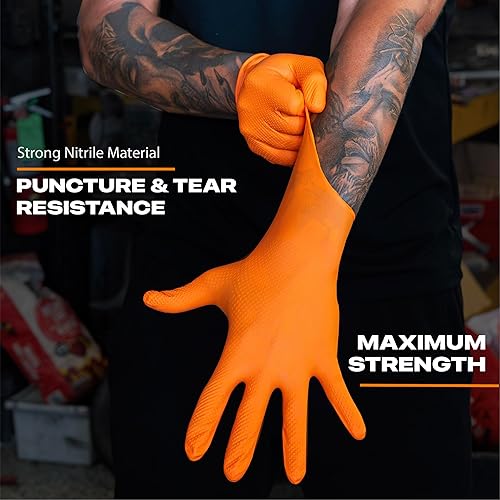 Miniatura 3 de GRIPXX Herkules Grip - Guantes de nitrilo naranja resistentes de 8 mil, textura de diamante elevado 3D, sin látex y polvo, industrial, mecánico