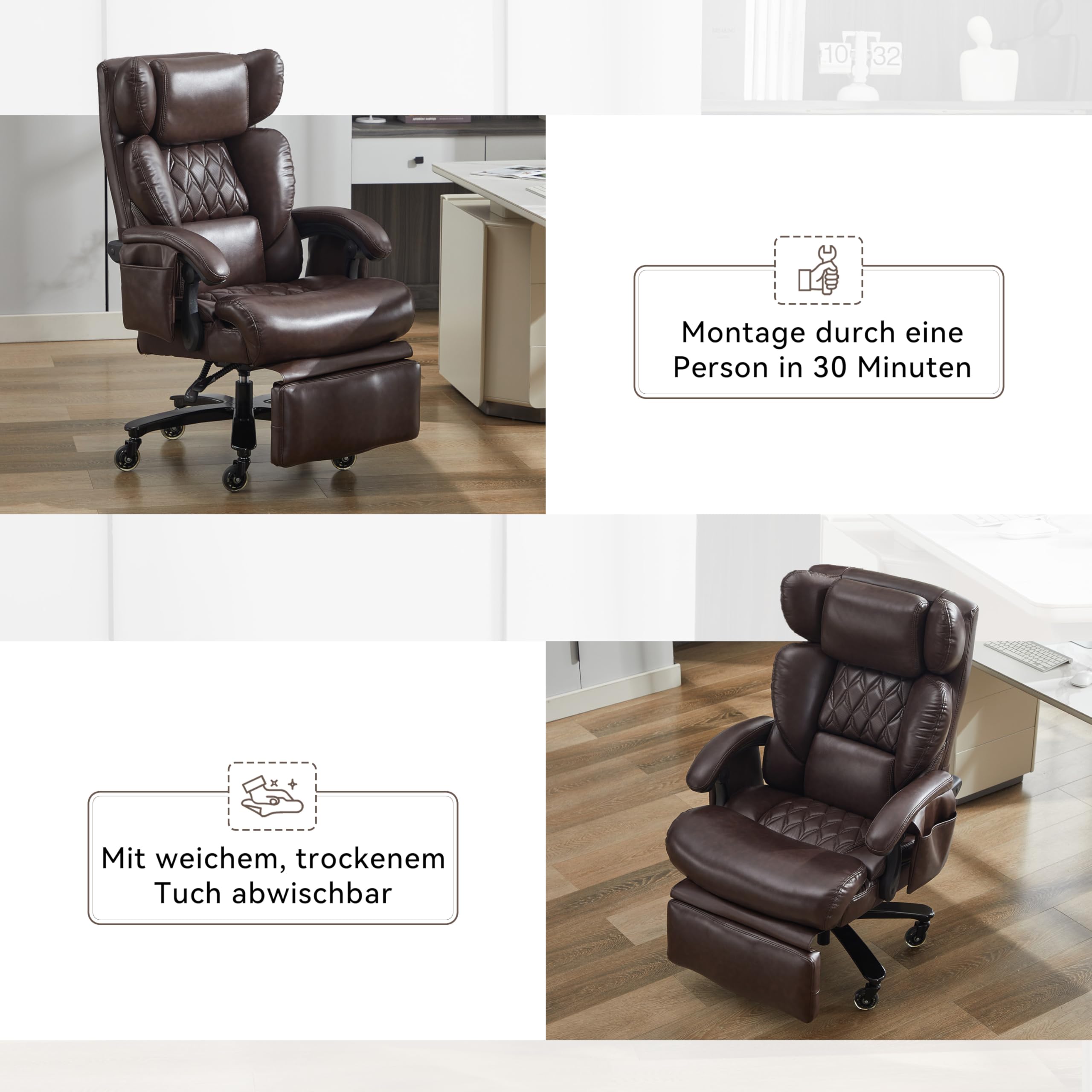 Fotel szefa z funkcją masażu i ogrzewaniem, ergonomiczny fotel biurowy ze skóry PU z podnóżkiem, obracane o 360° krzesło biurowe z regulowanym oparciem, do 150 kg, do biura domowego i biura, brązowy