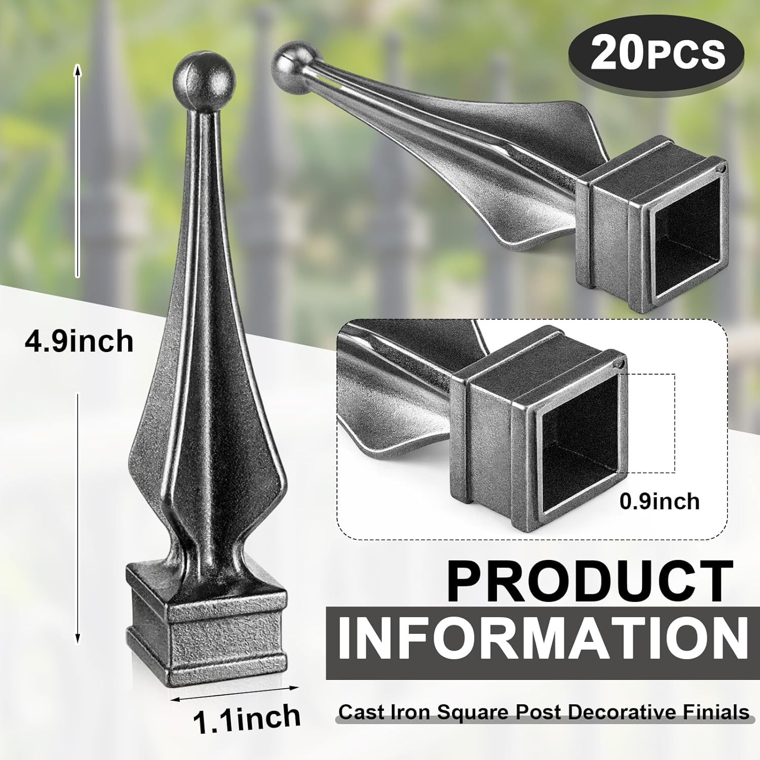Hicarer 20 Pcs Cast Iron Fence Finials, 4.9" x 1.1" Cast Iron Square Post Decorative Finials Fence Post Tops Fit Sizes 3/4" Patio Garden Top Fences Round Spears, Fleur De Lis Design Decoration
