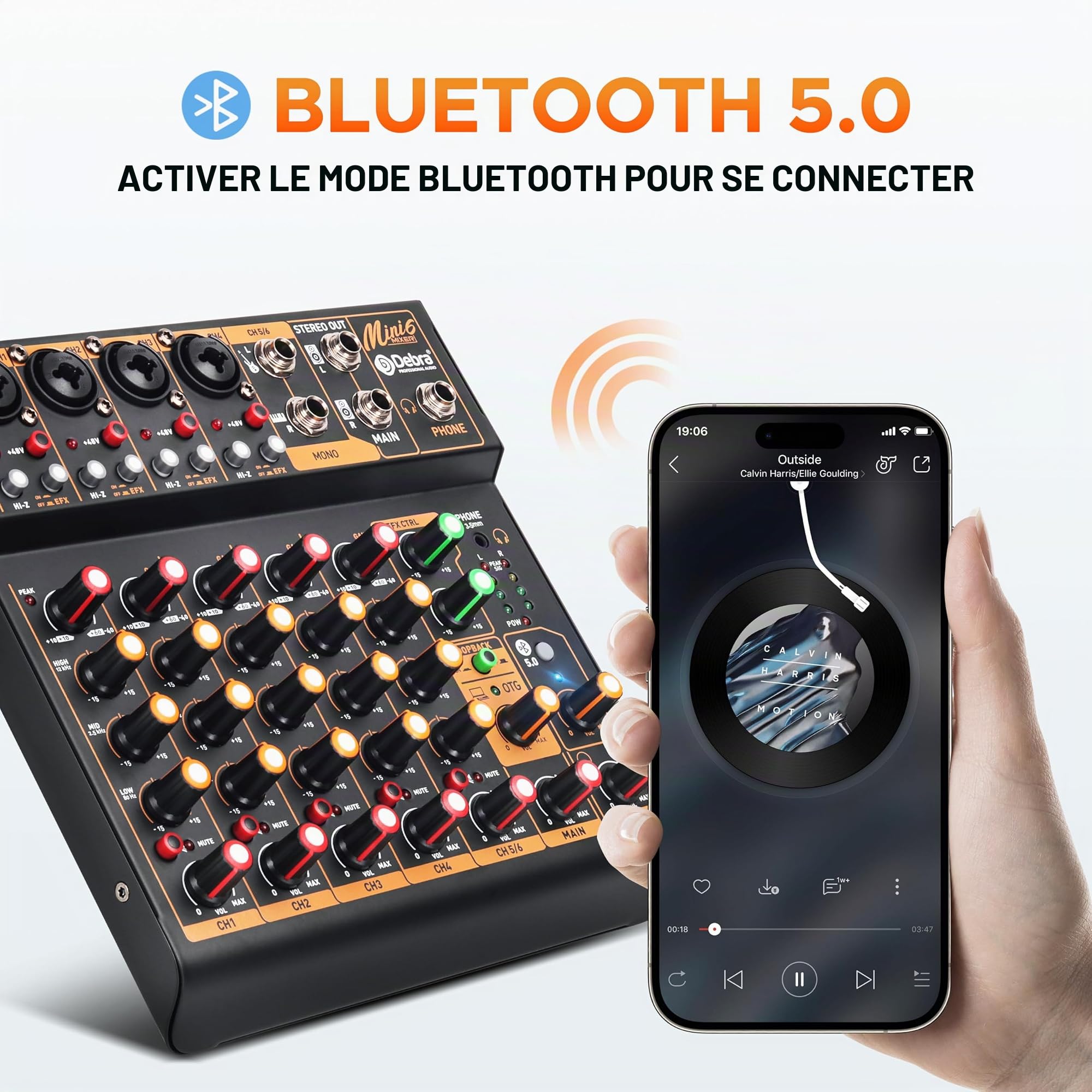 Mixeur DJ professionnel Mini6 – 6 canaux avec interface USB, Bluetooth et alimentation fantôme 48V – Parfait pour streaming, podcasts et performances en direct