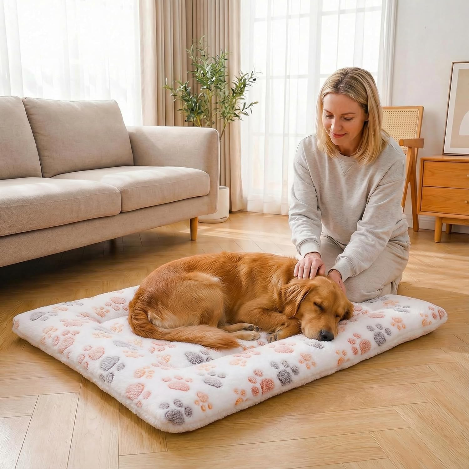 Reversible Dog Bed Mat - 41" x 31"Soft Dual-Sided Plush Pet Pad for Large Medium Small Dogs and Cat, Fully Washable Fleece Sleeping Mat, Warm Cushion for Crates, Kennels & Floors