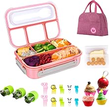 Kishilly Bento Lunch Box for Kids/Adult, Microwavable Kids Bento Box Lunch Containers With Lunch Bag Mini Cookie Cutters Fruit Picks Silicone Cup Reusable Storage Bags for School,Work and Picnic (Pink)