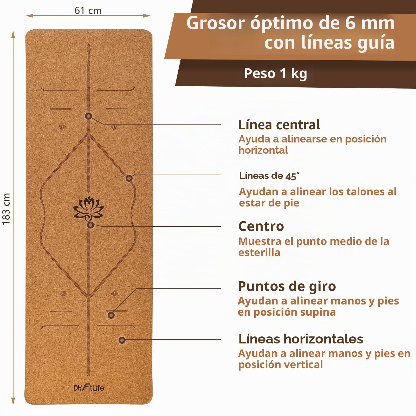 DH FitLife Esterilla de Yoga de Corcho y TPE, Colchoneta de Gimnasia 183 x 61 x 0,6 cm, Esterilla de Deporte y Fitness Antideslizante, Yoga mat Gruesa con Líneas de Orientación