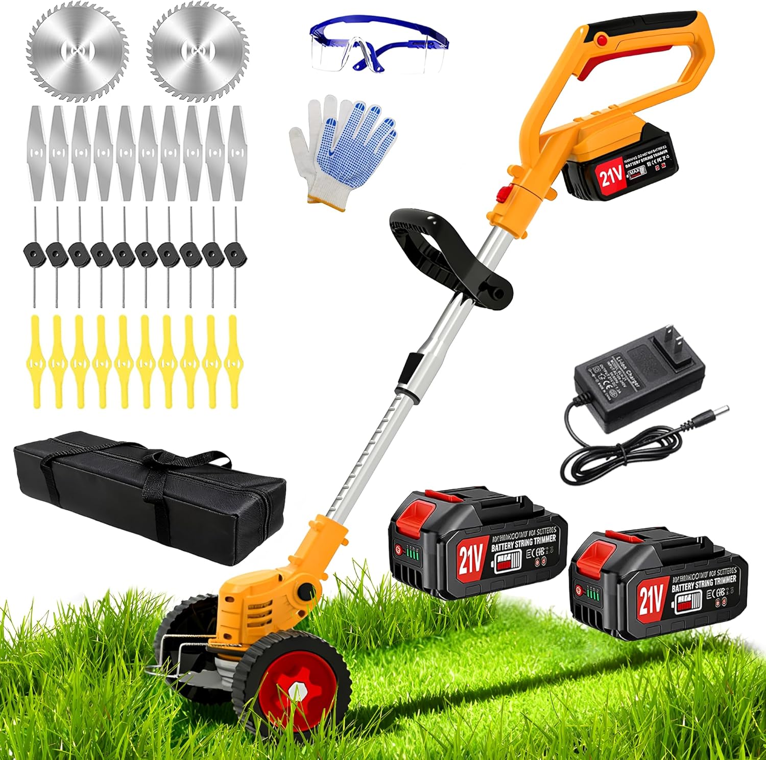 Electric Weed Wacker Cordless Eater No String Trimmer Battery Powered, 3 in 1 Lightweight Grass Trimmer/Brush Cutter/Edge, 4 Types Blade, Stringless Weed Trimmer with Wheels for Lawn Yard Garden