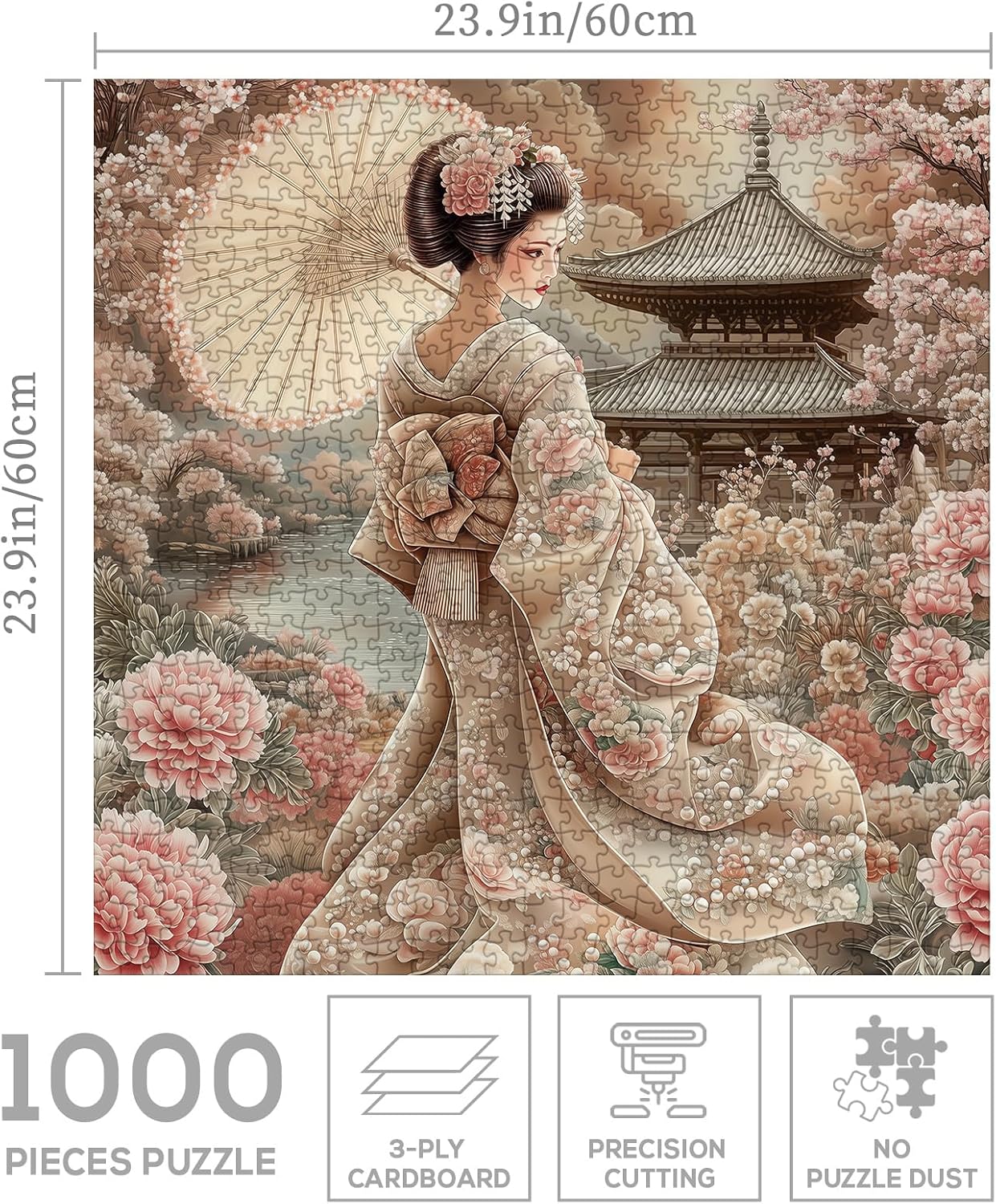 Japanese Kimono Geisha Puzzle 1000 Piece for Adults, Spring Colorful Cherry Blossom Flower Jigsaw Puzzle, Vintage Garden Nature Art Puzzles