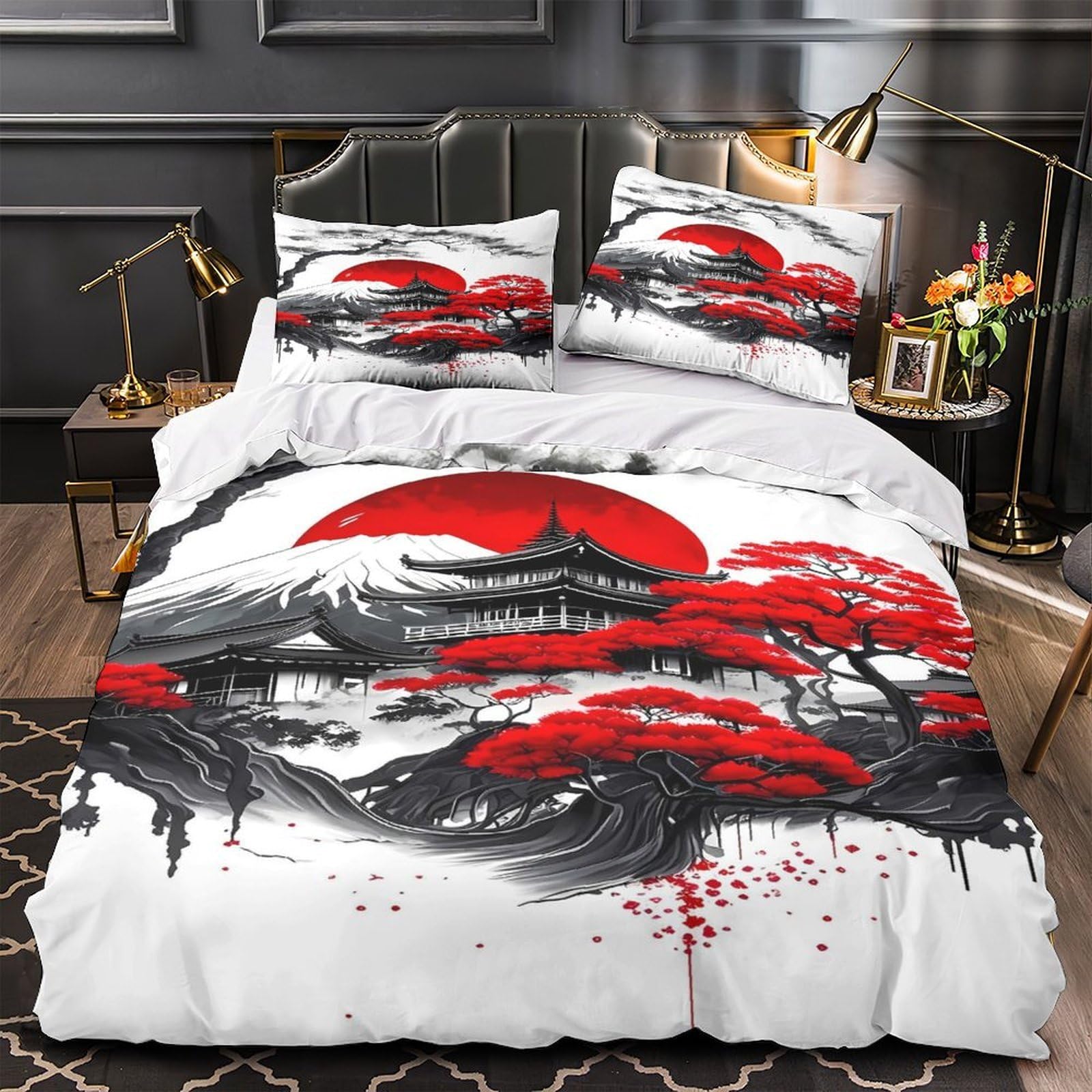 Housse de couette cerisier rouge japonais microfibre 135x200 parure lit single effect 3D