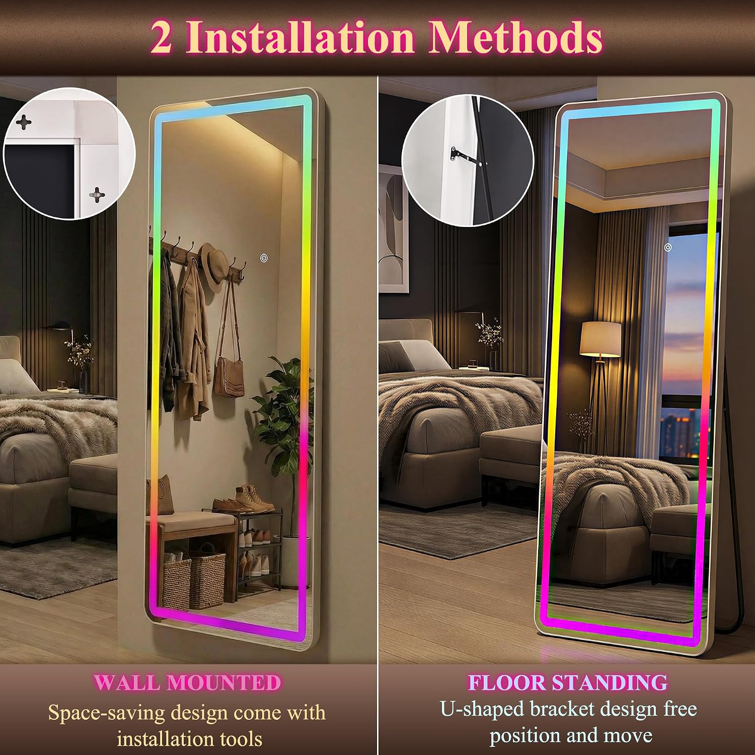 VooBang 64"x21" RGB LED Full Length Mirror, Floor Body Dressing Mirror with RGB Color Changing Lights, Standing Leaning Wall Mounted for Bedroom, Living Room